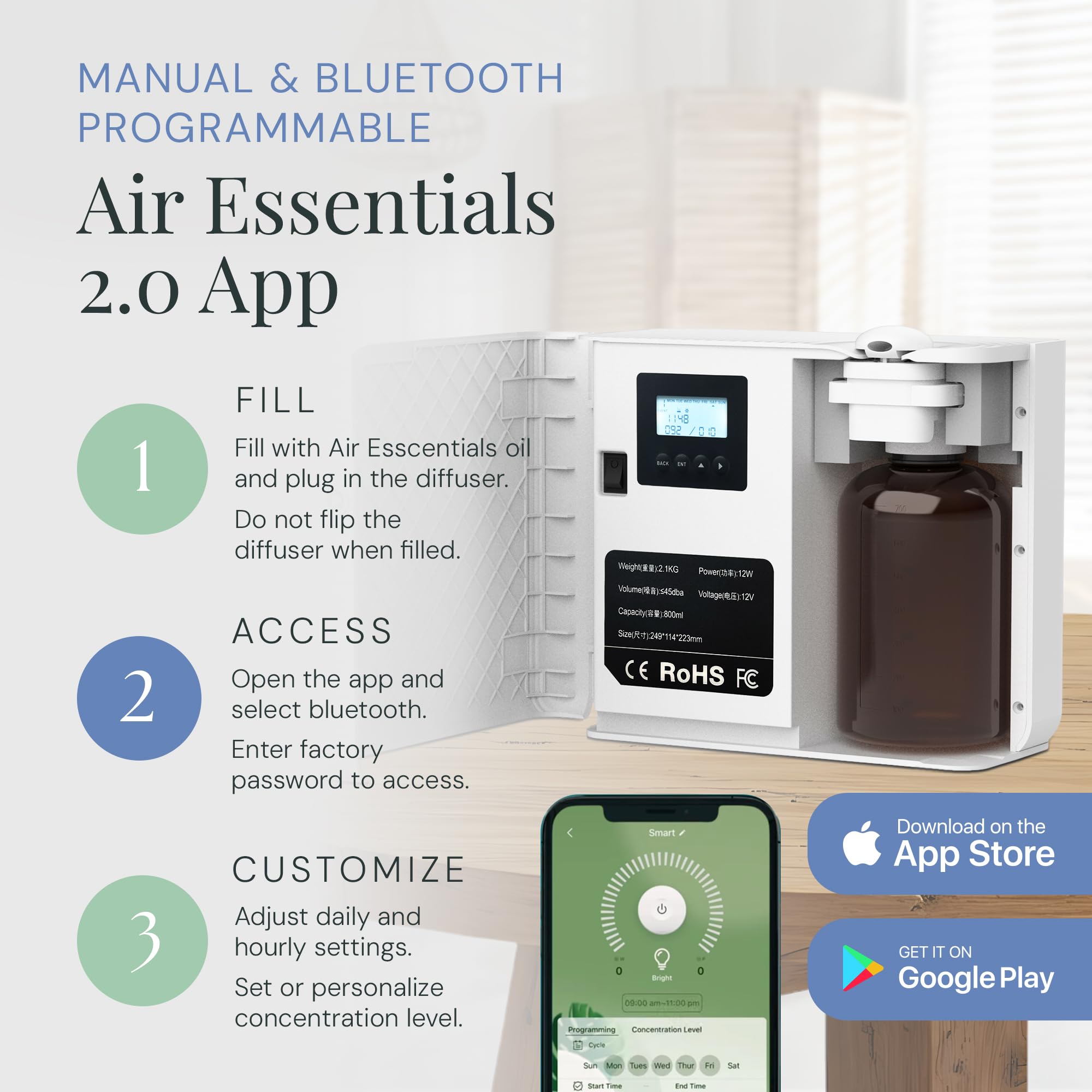 Air Esscentials Radiant control móvil y aplicación: programa aromas por horarios.