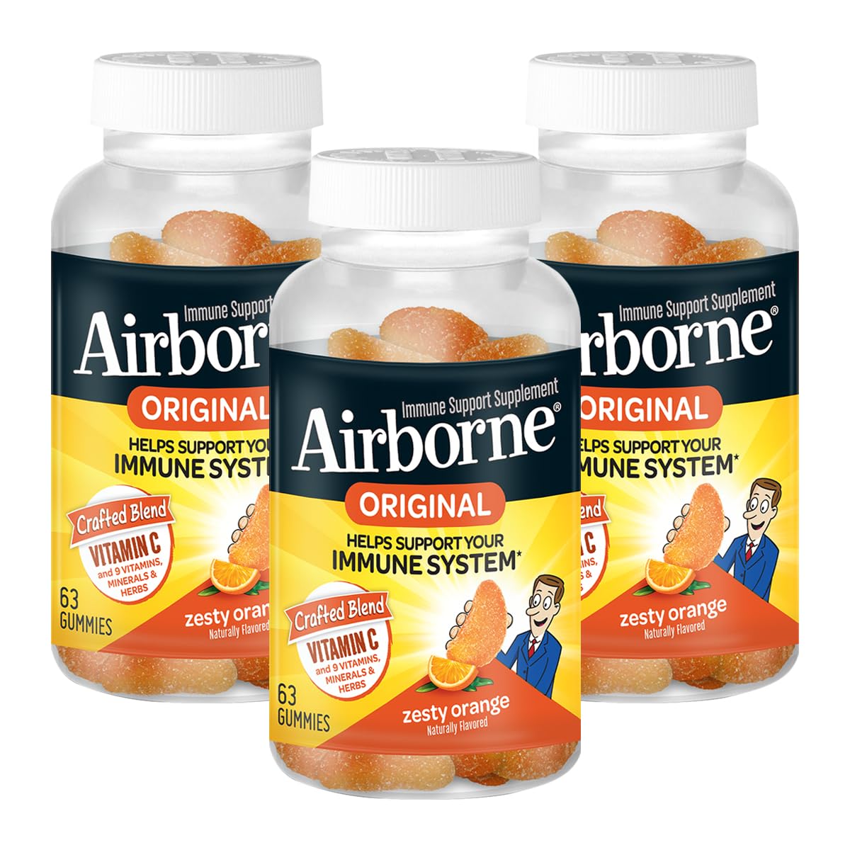 Airborne gomitas de vitamina C sabor naranja para consumo diario fácil.