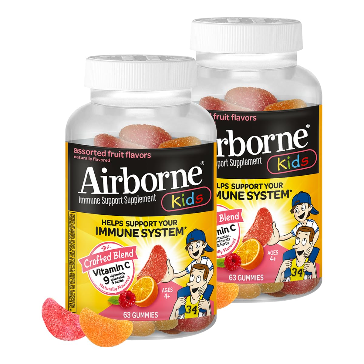 Airborne Kids gominolas de vitamina C con sabor a frutas para apoyo diario.