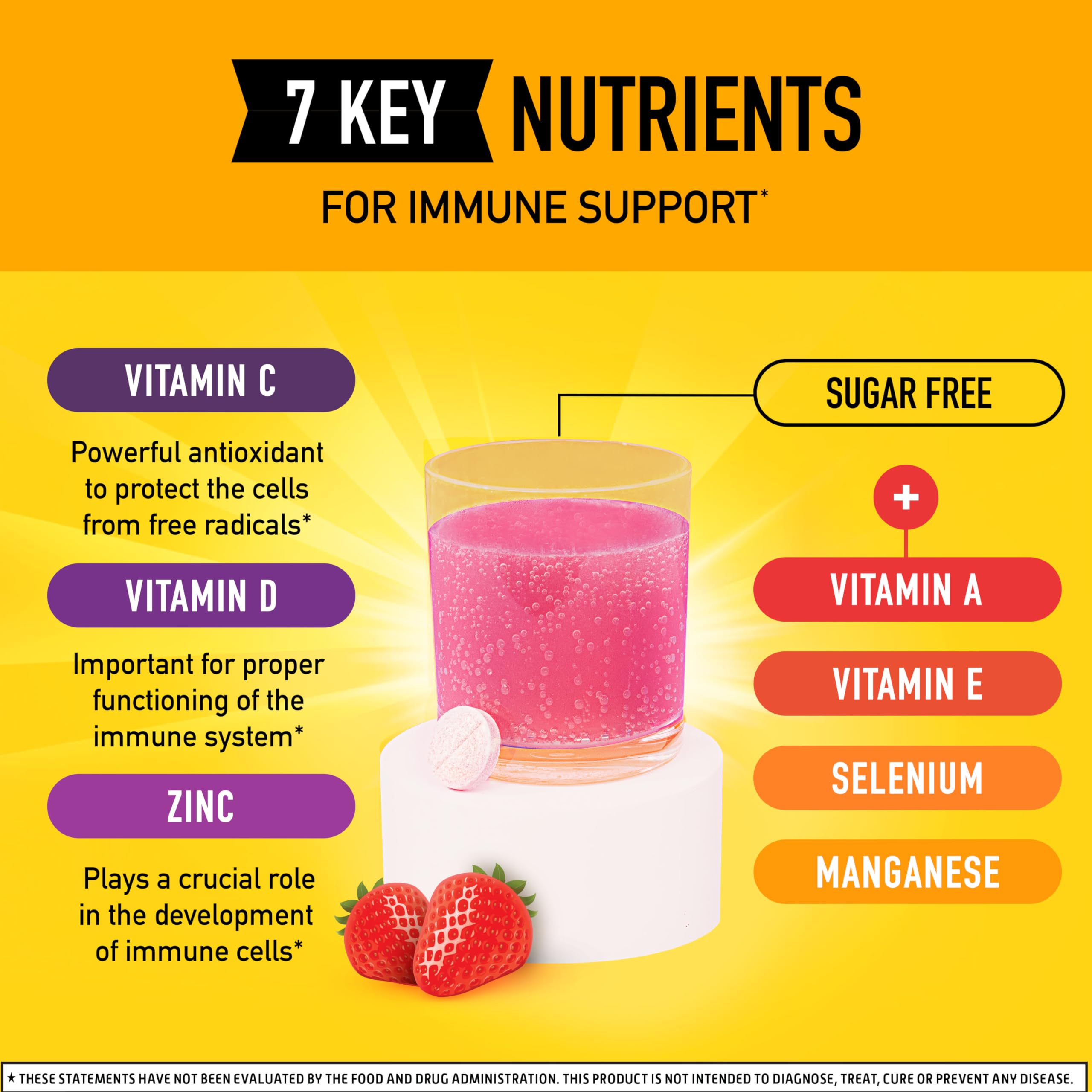 Airborne vitamina C 1000mg, tabletas efervescentes disolviéndose en agua, sabor frutos rojos