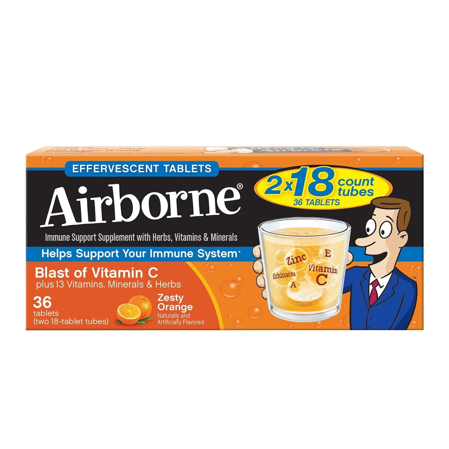 Airborne Vitamina C 1000 mg, tabletas efervescentes sabor naranja, apoyo inmunitario potencial.