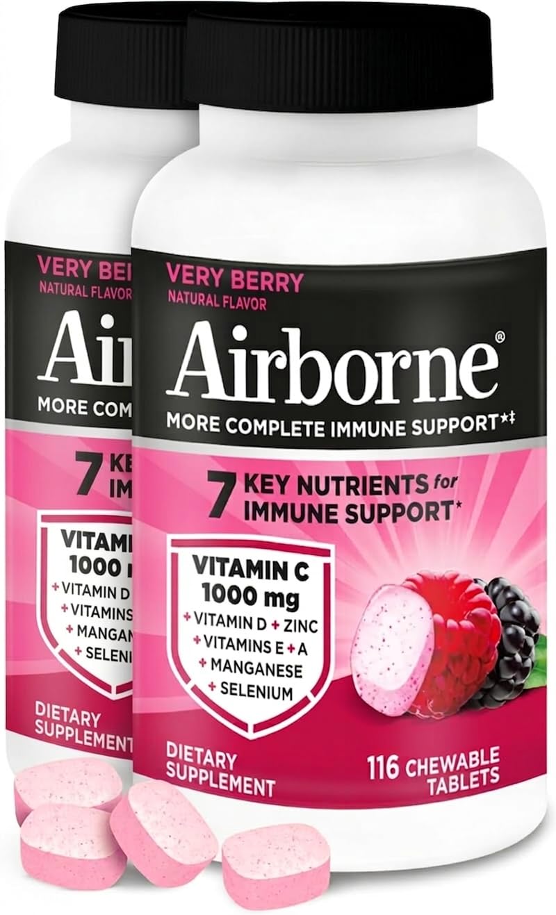 Airborne Vitamina C 1000 mg tableta masticable sabor frambuesa, para apoyo inmunitario diario.