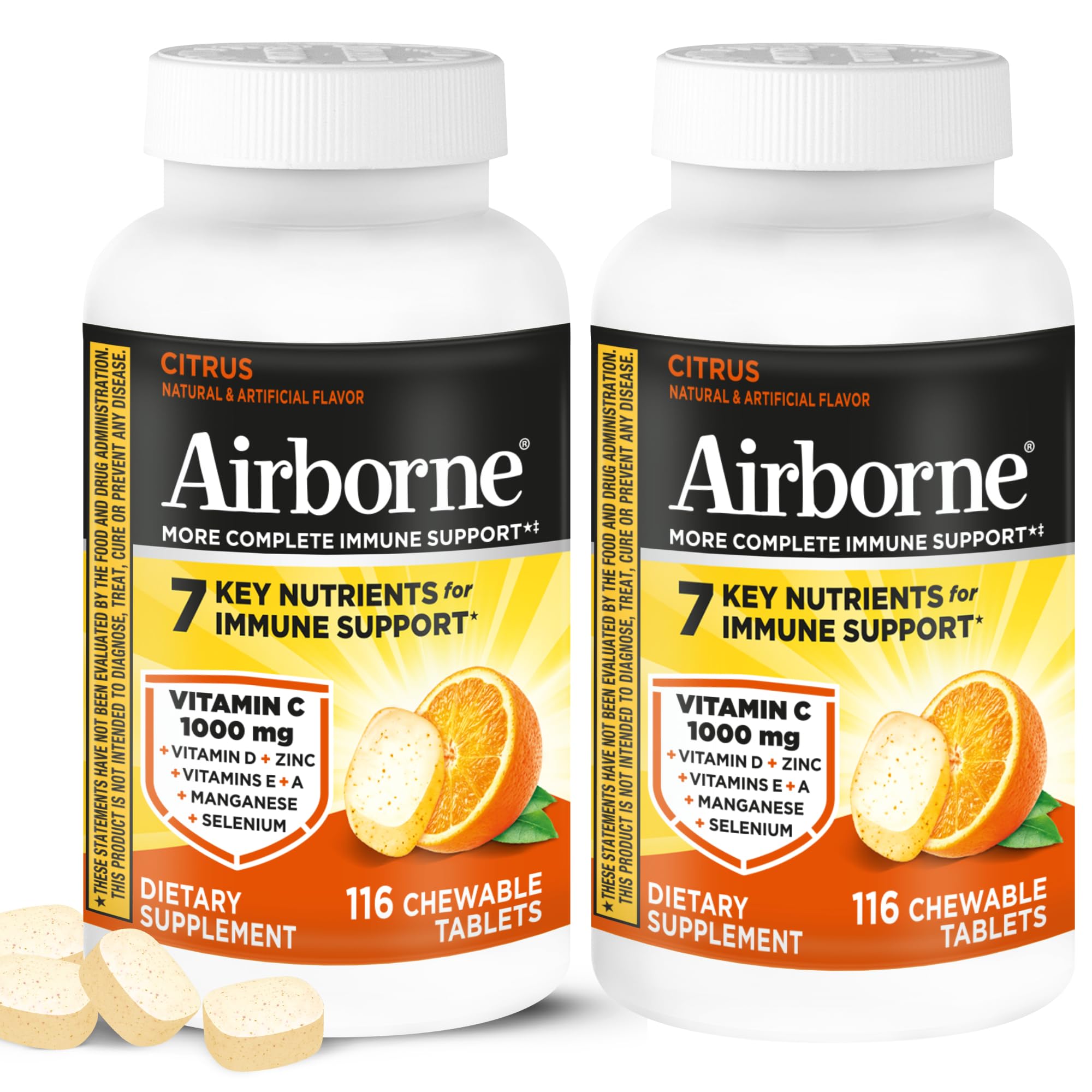 Airborne tabletas vitamina C y zinc, sabor cítrico, bote visible para uso diario.