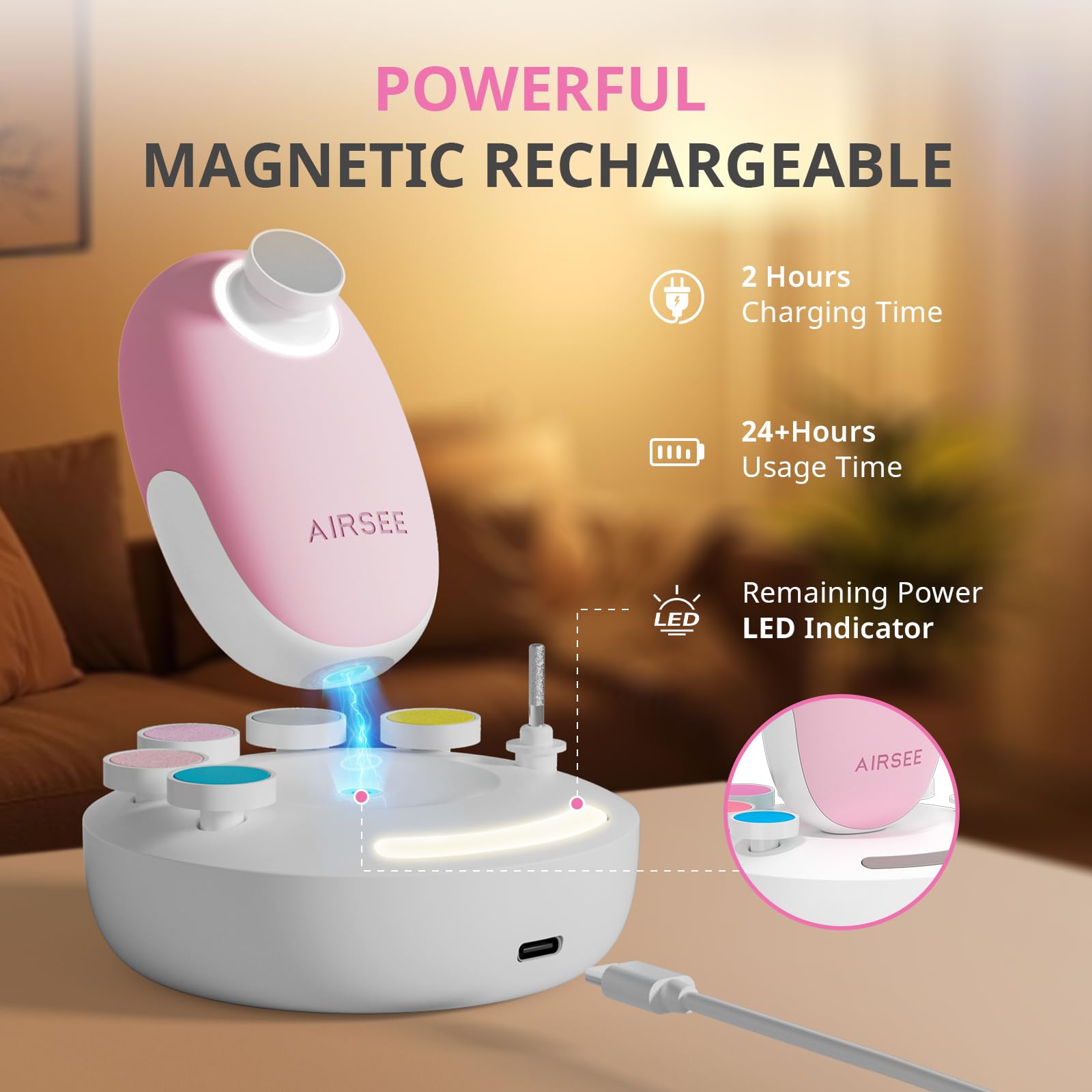 Motor silencioso de 35 dB para cuidar uñas sin despertar.