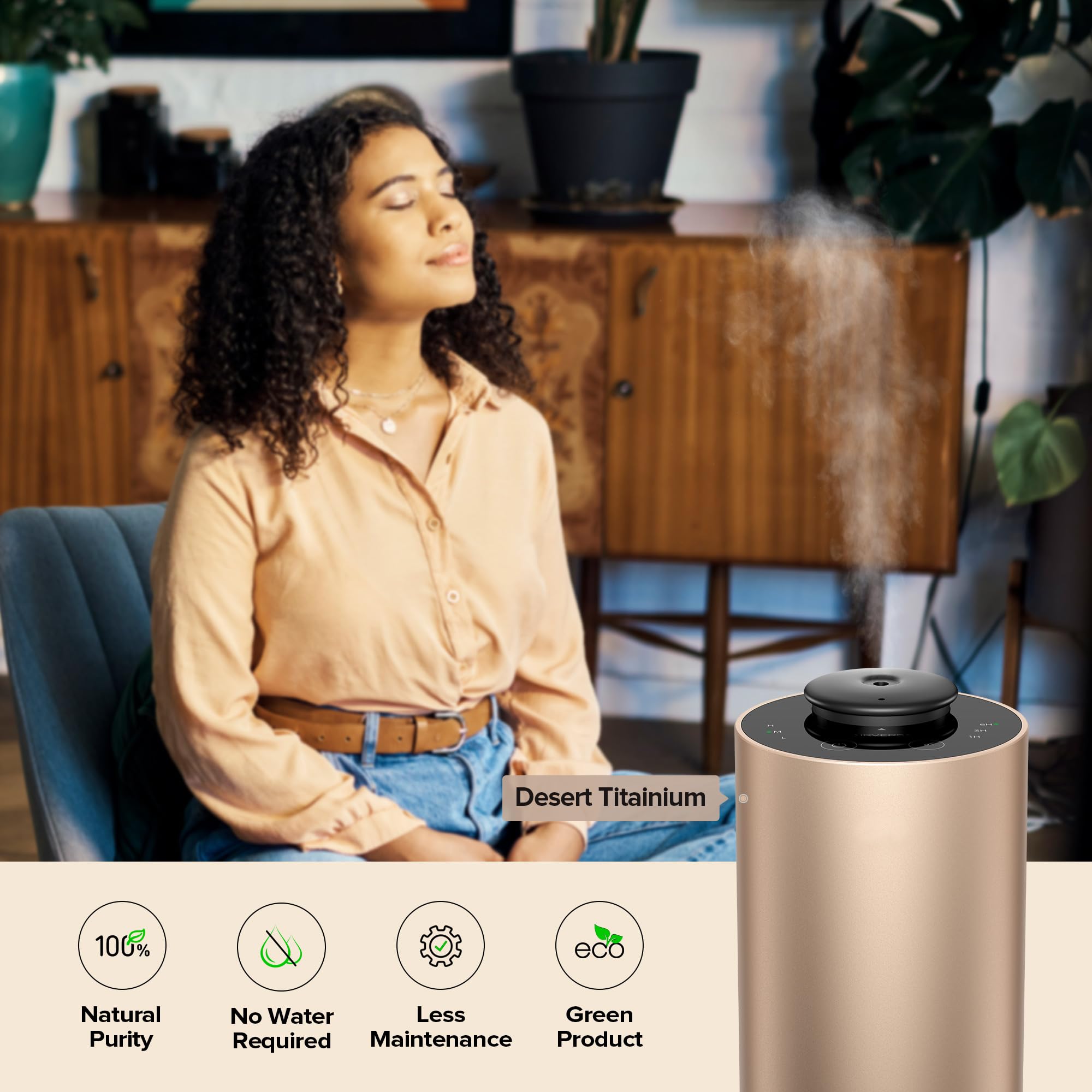 Airversa difusor controles táctiles para ajustar niebla y temporizadores.