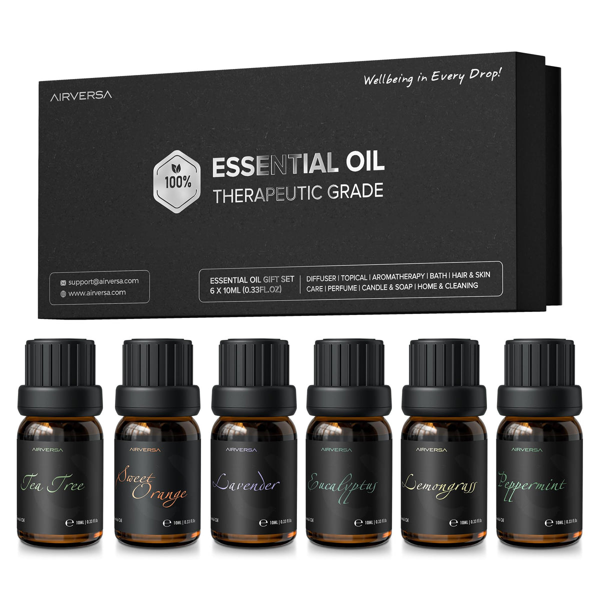 Airversa set de 6 aceites aromaterapia: botellas de 10 ml para difusores y relajación.