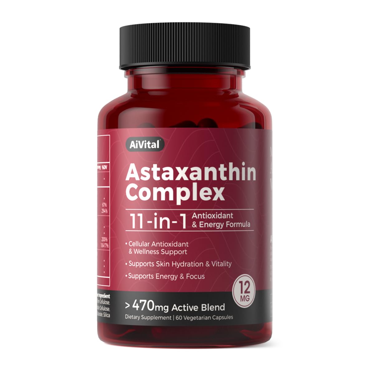 AiVital Astaxantina 12 mg en cápsulas, fuente natural de microalgas para apoyo celular.