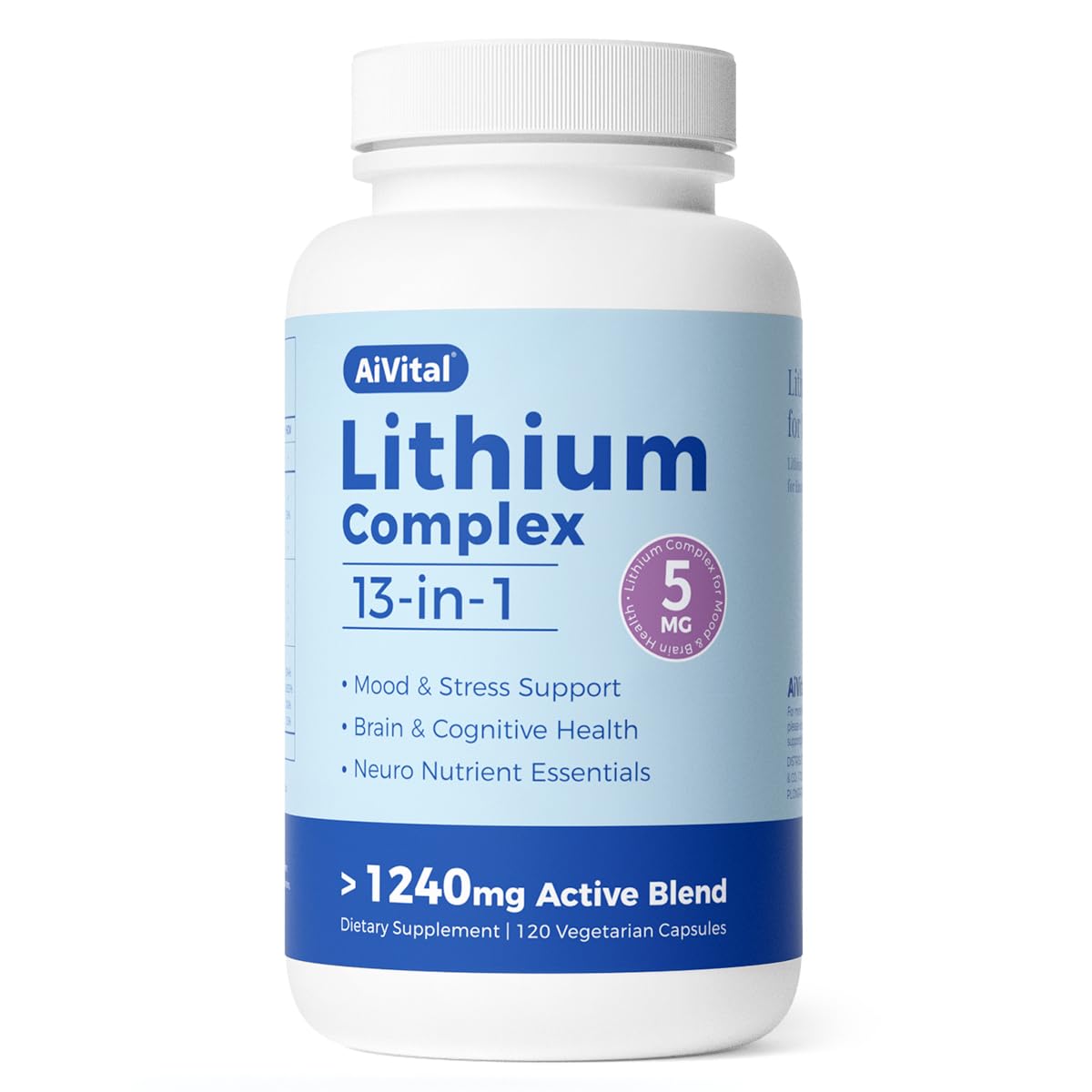 AiVital Lithium Orotate 5mg, botella: apoyo diario para equilibrio y concentración.