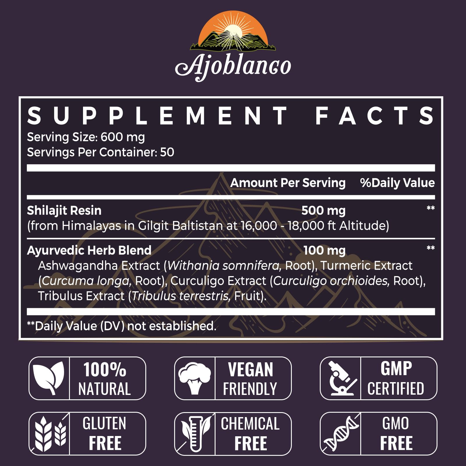 Ajoblanco Shilajit: 85+ minerales y ácido fúlvico en resina, ideal para apoyo general.