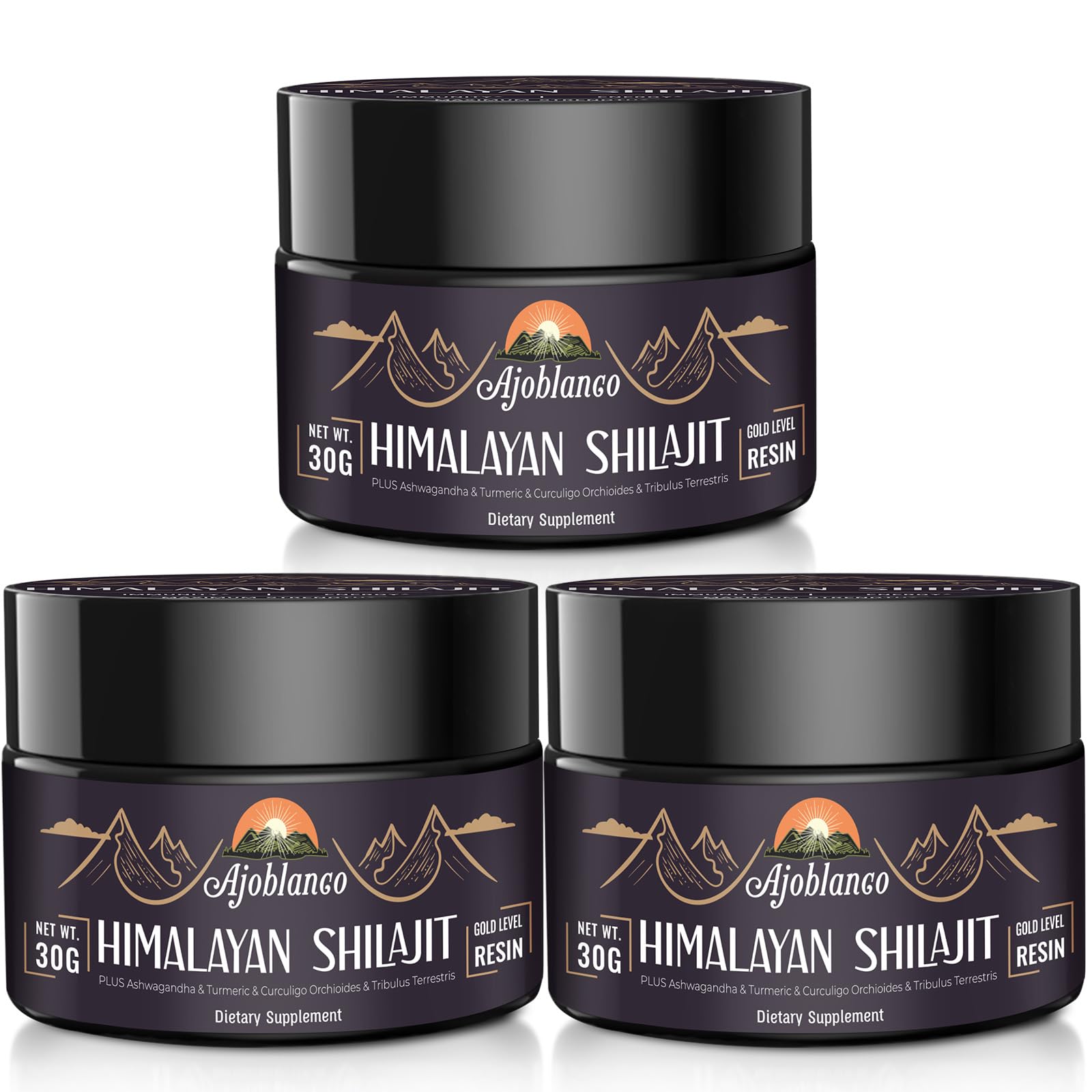 Ajoblanco Shilajit Resina 600mg en frasco ámbar para energía diaria