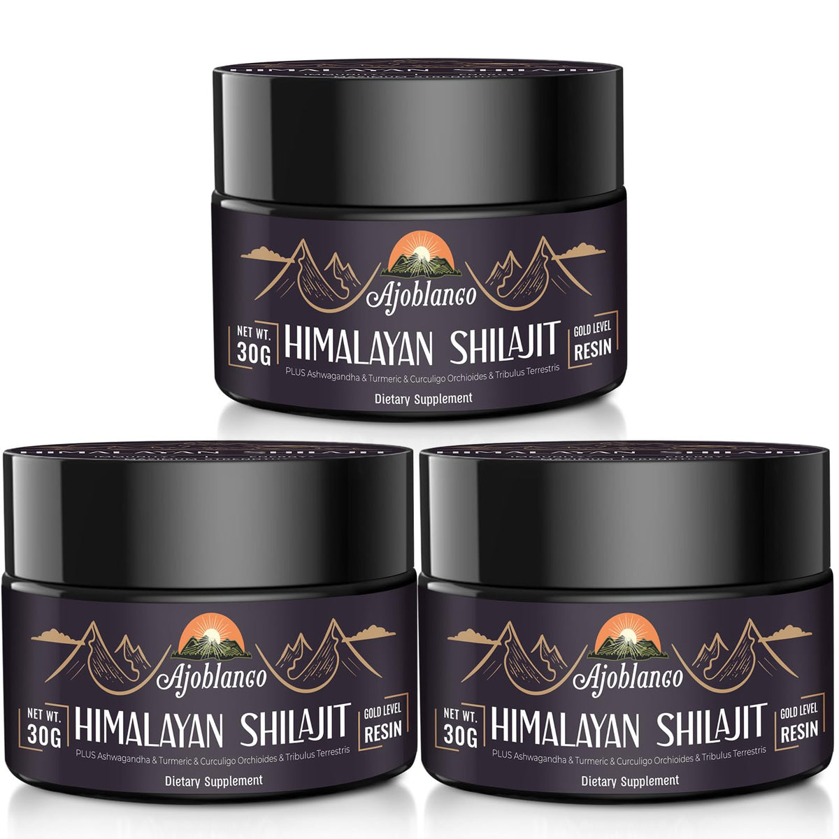 Ajoblanco Shilajit Resina 600mg en frasco ámbar para energía diaria