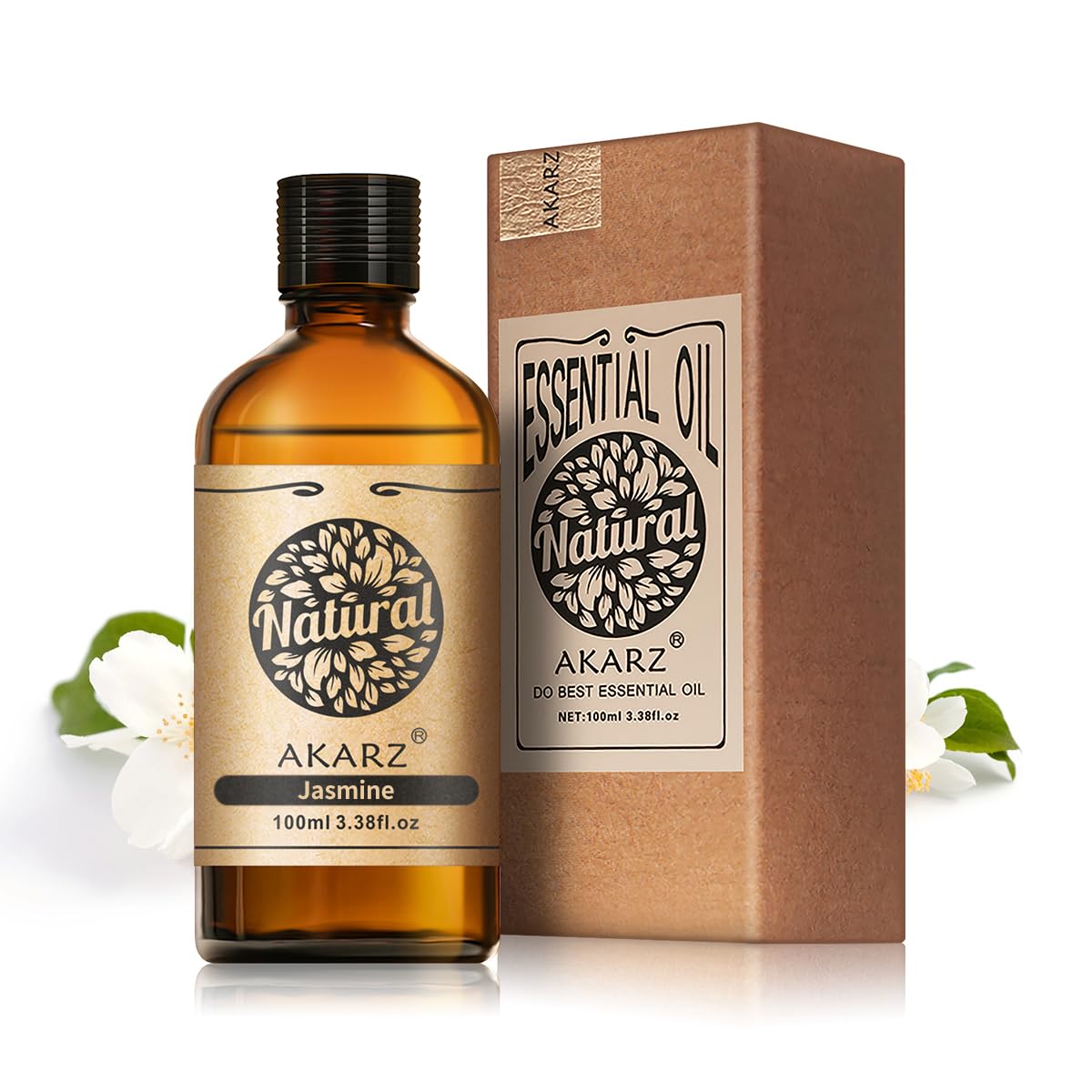 AKARZ Jazmín: aroma floral suave en botella oscura para aromaterapia.