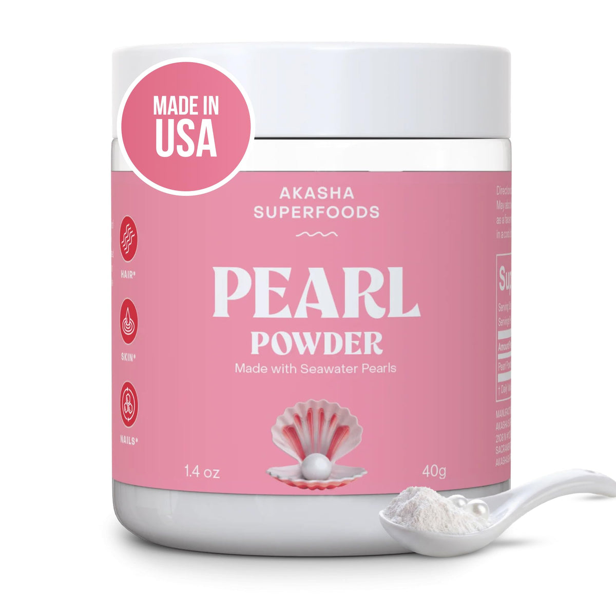 Akasha Superfoods Polvo de Perla con cuchara madre perla para medición precisa.