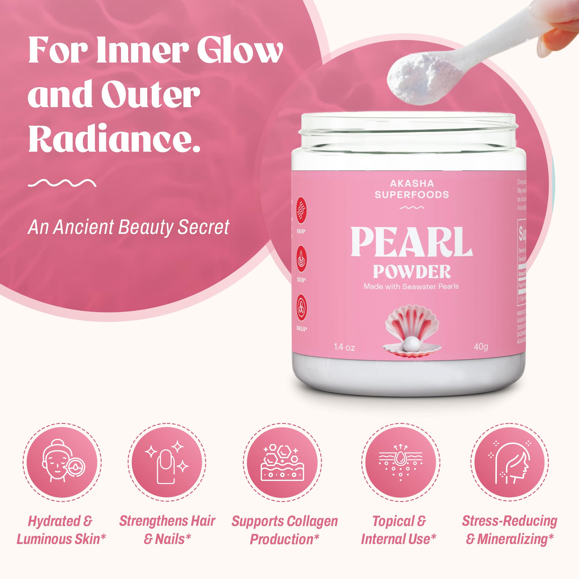 Akasha Superfoods Polvo de Perla vertido en bebida, mezcla suave para té o agua.