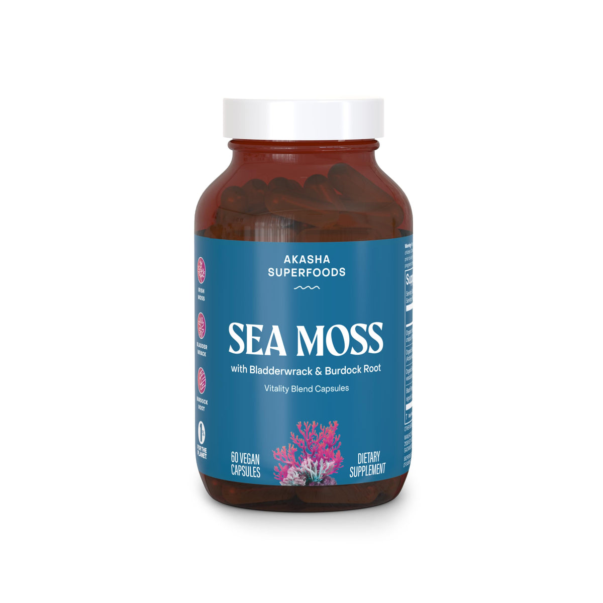 Cápsulas de Akasha Superfoods con musgo marino en bote para uso diario.