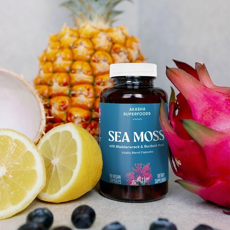 Etiqueta de Akasha Superfoods con cápsulas de musgo marino para consulta de rutina.