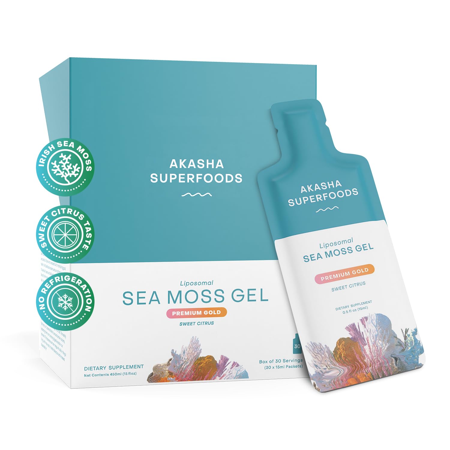 Akasha Superfoods gel de seamoss irlandés liposomal en sobres para uso diario.