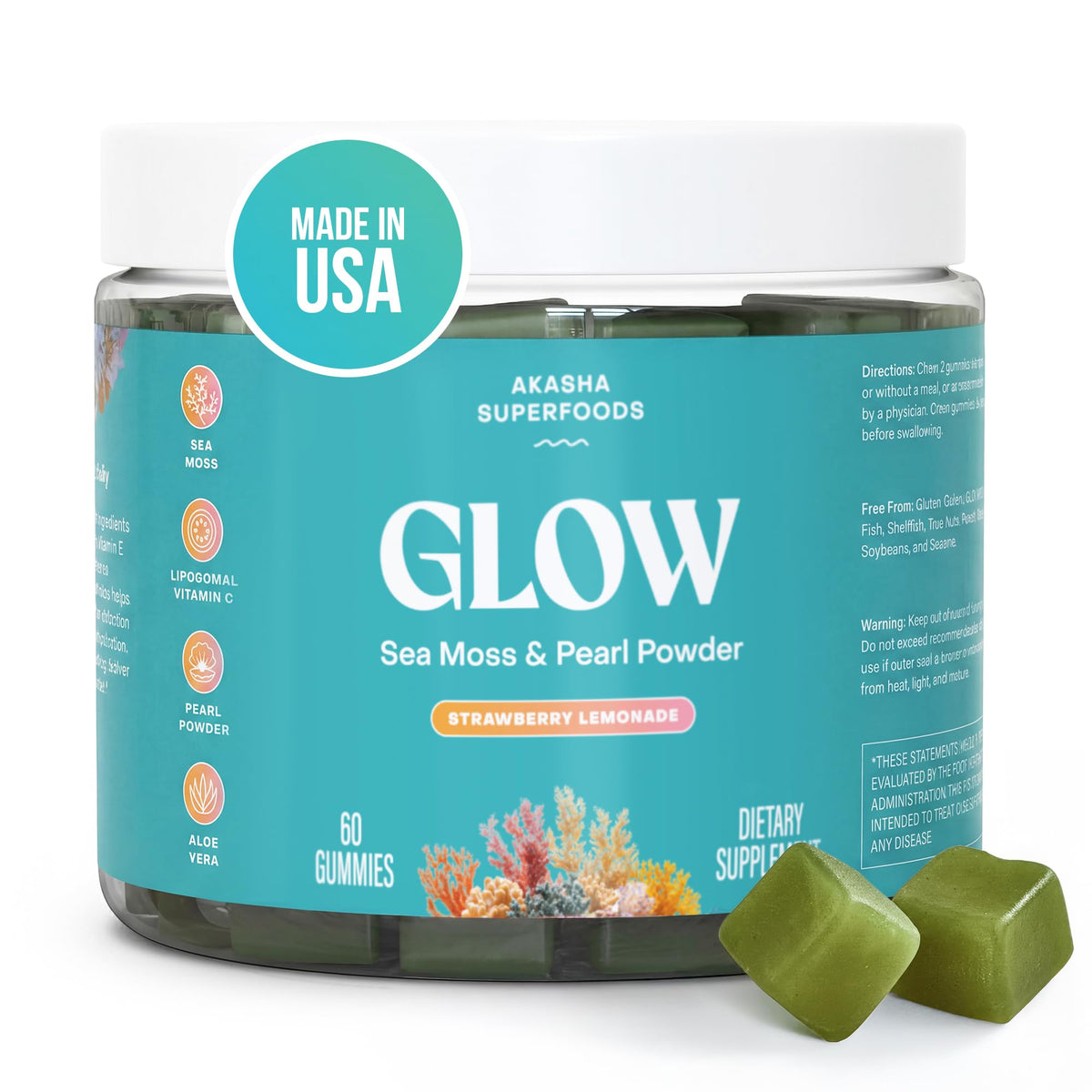 Akasha Sea Moss Glow Gummies, botella de 60 gomitas para uso diario.