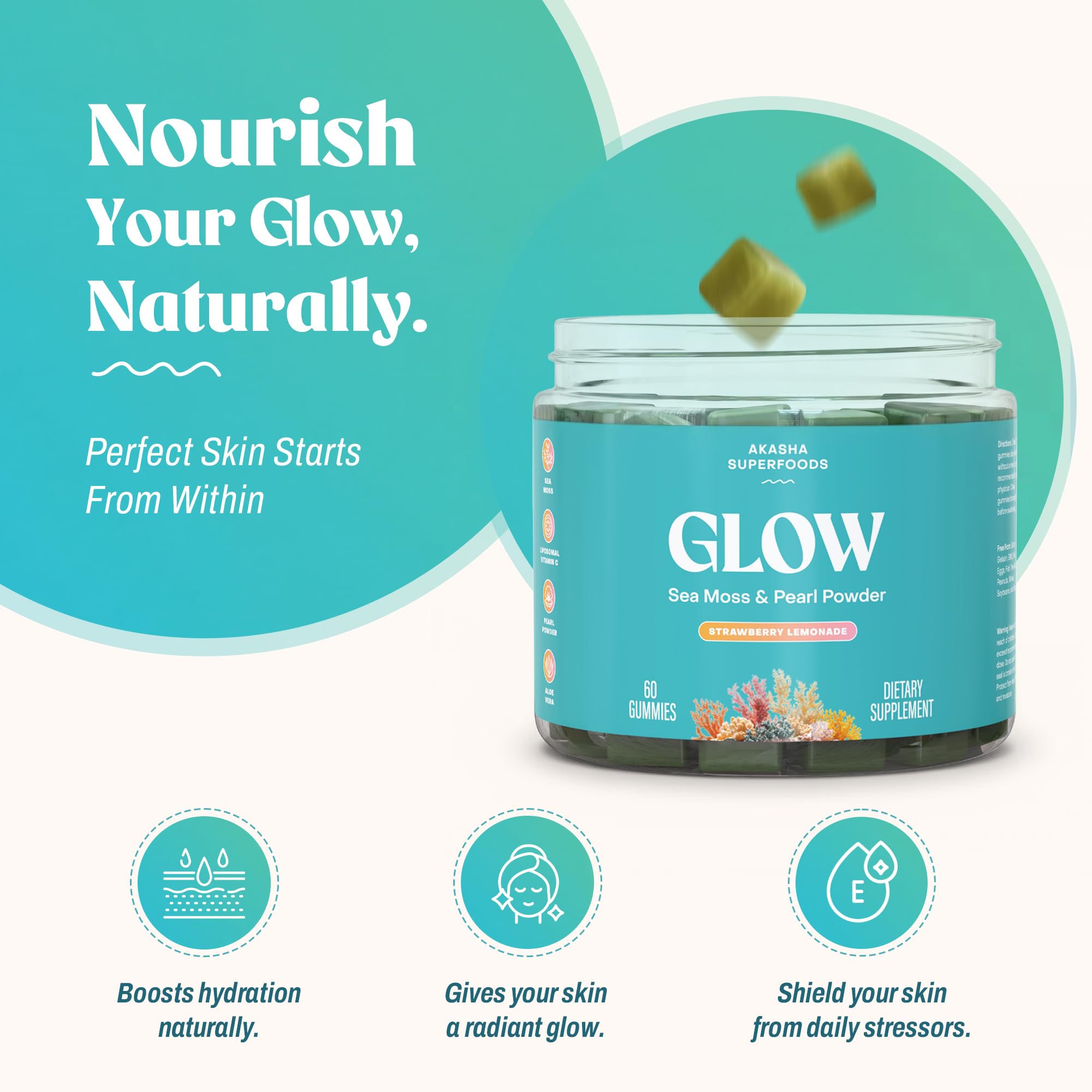 Etiquetado frontal de Akasha Sea Moss Glow Gummies, sabor agradable para diario.