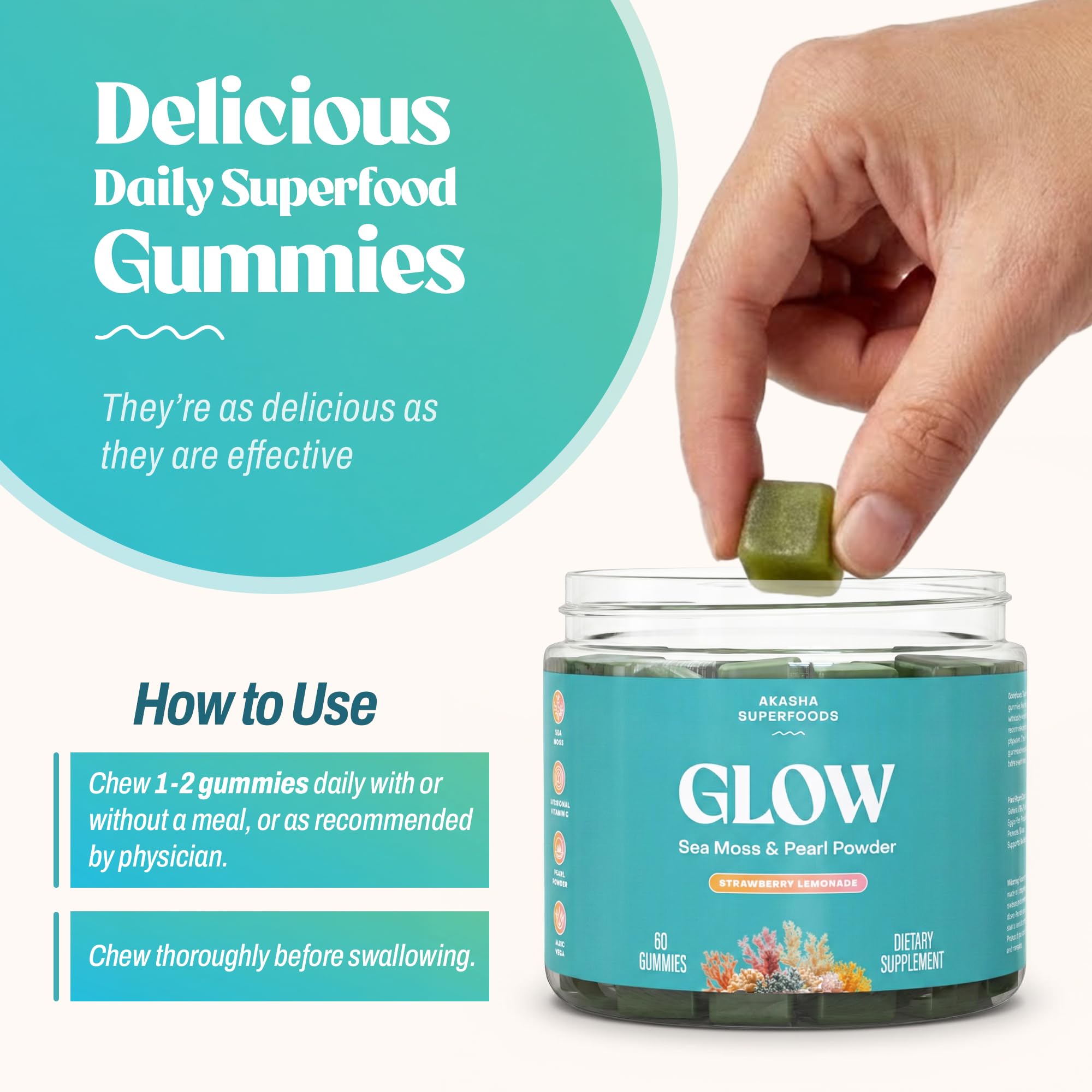 Textura masticable de Akasha Glow Gummies, experiencia suave y agradable.