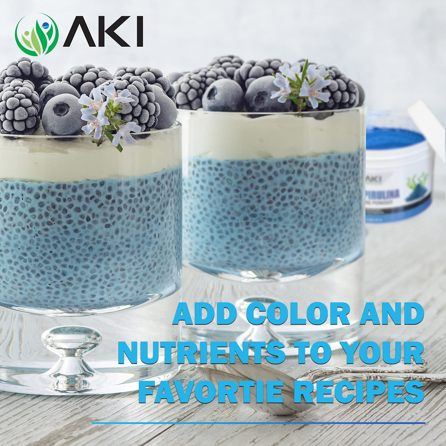 AKI E18 Spirulina Azul, pastel y postres con color azul