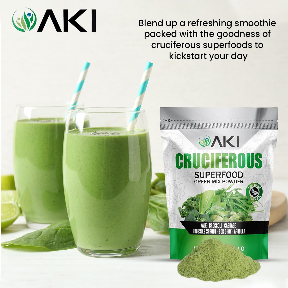 Vaso con batido verde AKI ORGANIC, color atractivo y textura suave