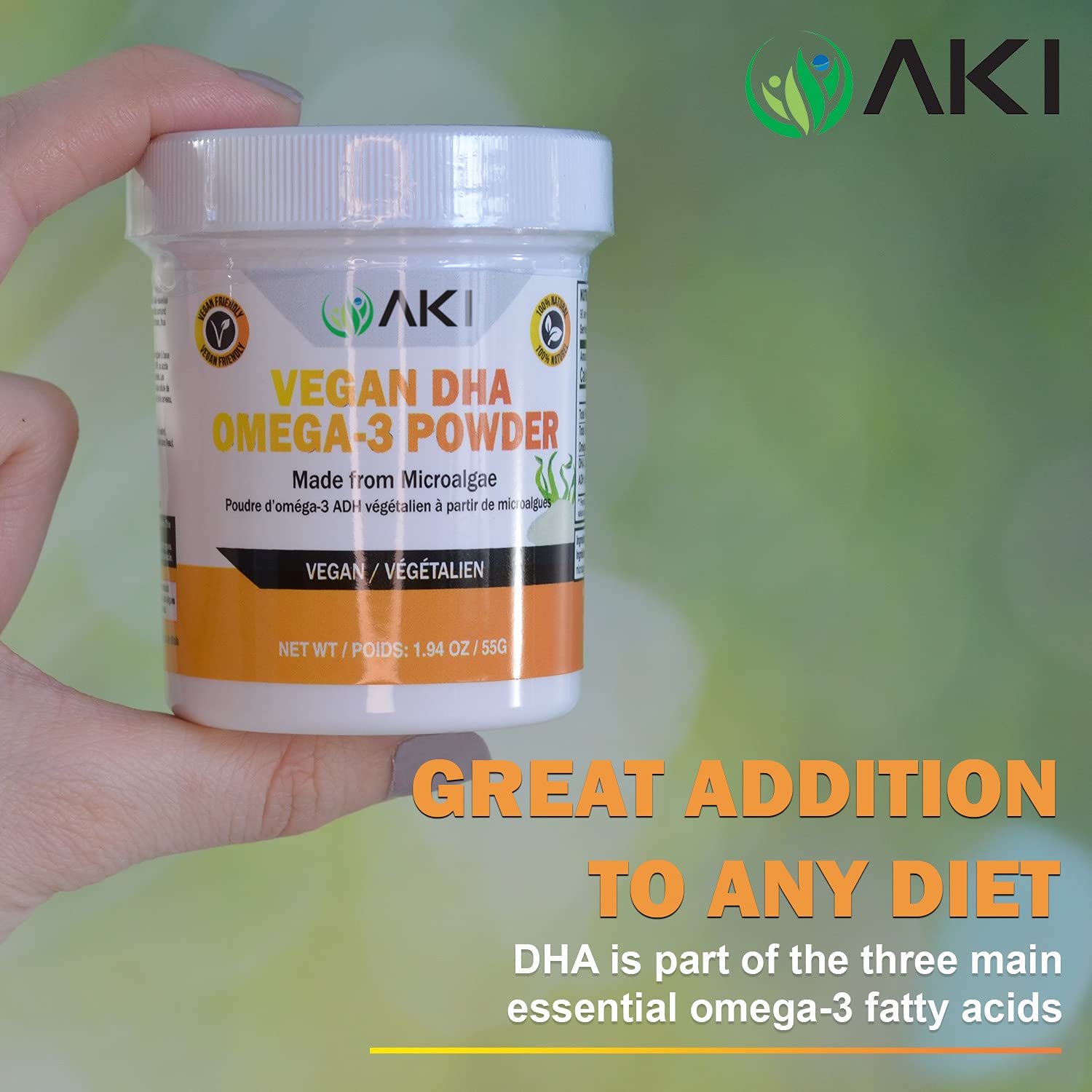 Envase cerrado de AKI Organic Omega 3 DHA, opción vegana sin GMO