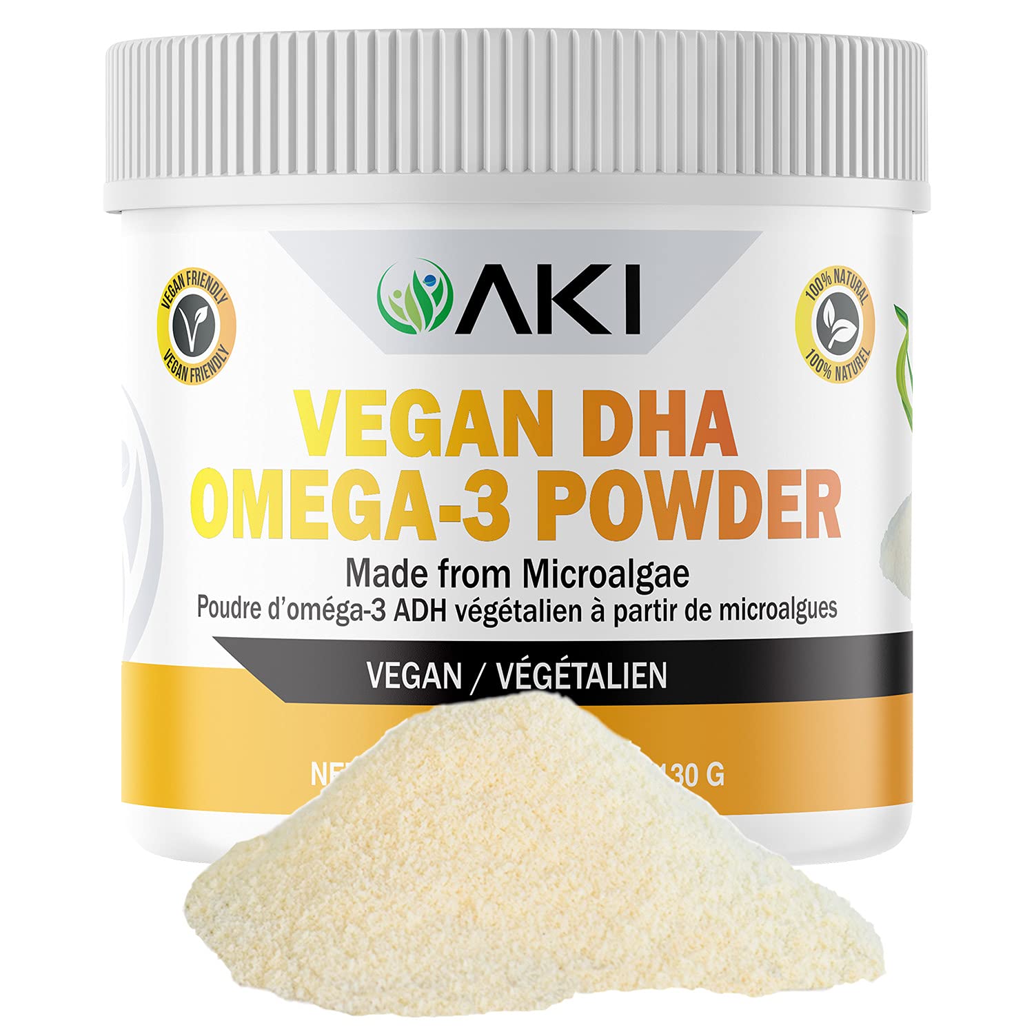 AKI ORGANIC Omega 3 DHA polvo en botella para consumo diario.