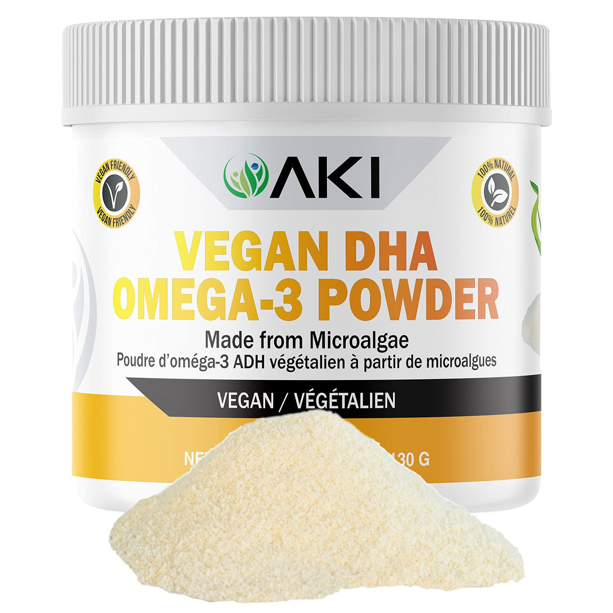 AKI ORGANIC Omega 3 DHA polvo en botella para consumo diario.