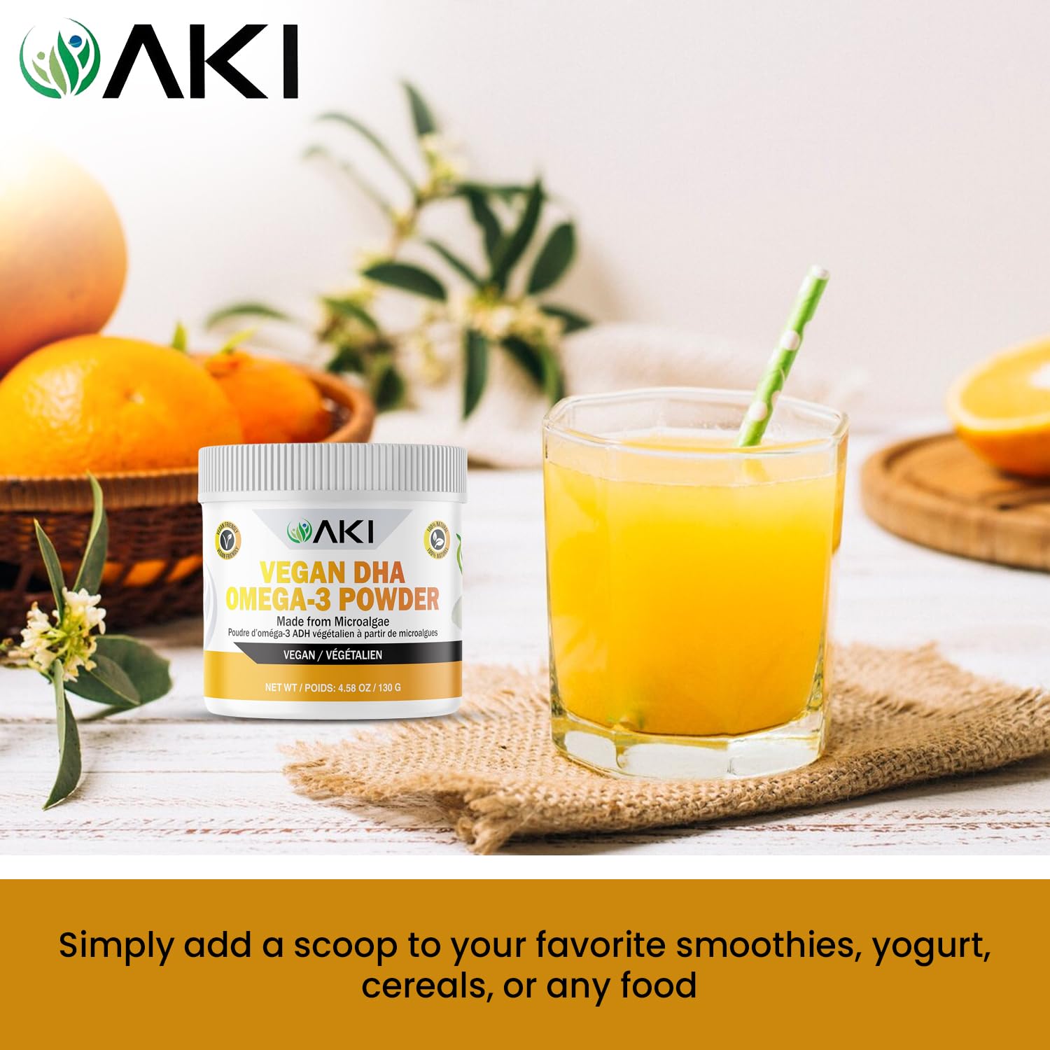 AKI ORGANIC Omega 3 DHA polvo con cuchara medidora para dosis precisas.