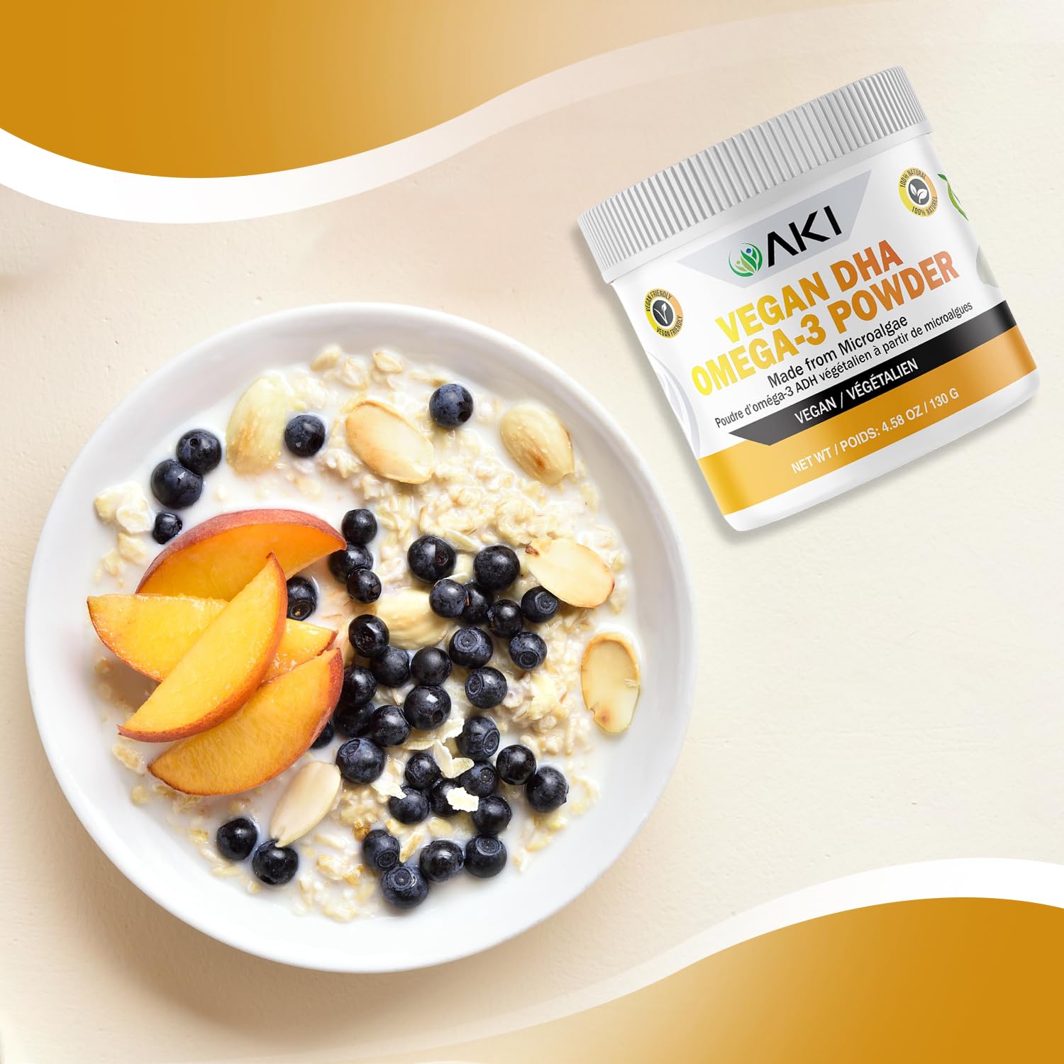 AKI ORGANIC Omega 3 DHA polvo para mezclar en batidos.