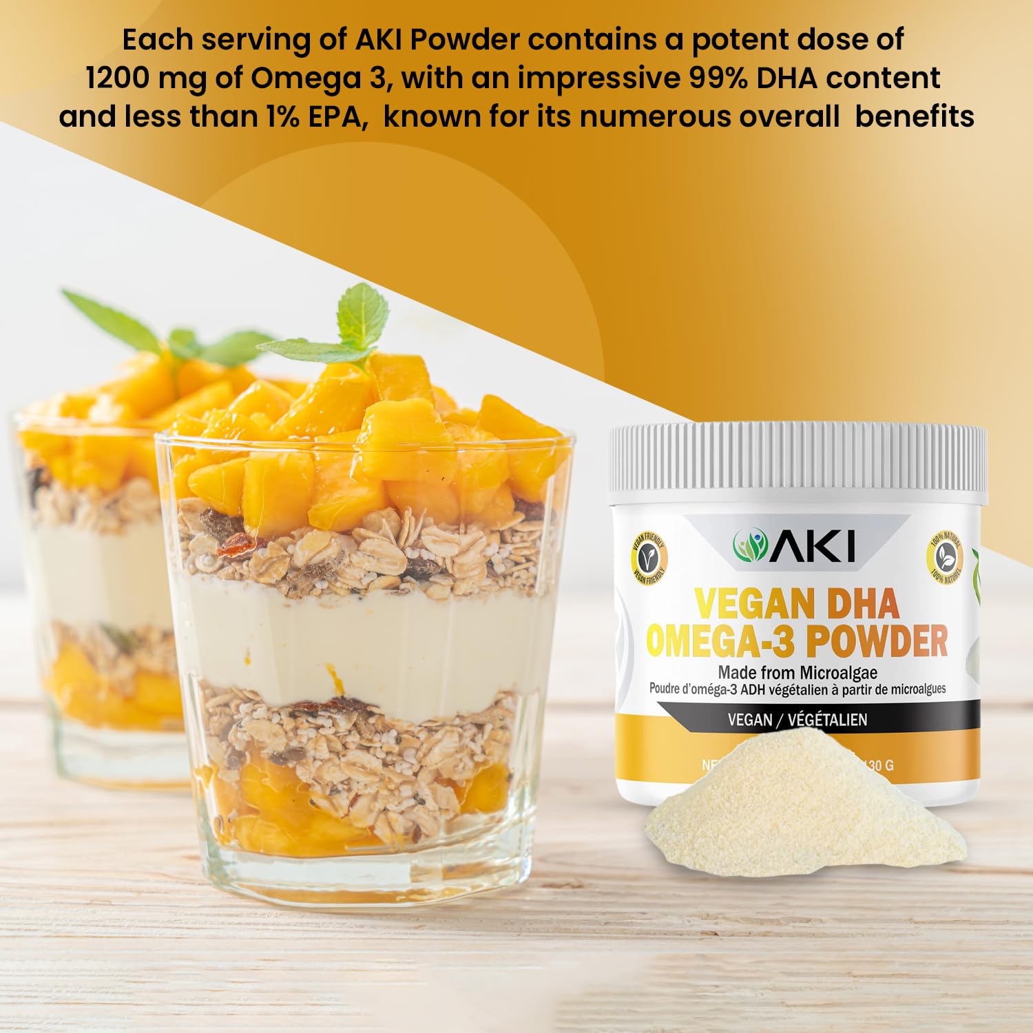 AKI ORGANIC Omega 3 DHA polvo sin OGM para sostenibilidad.