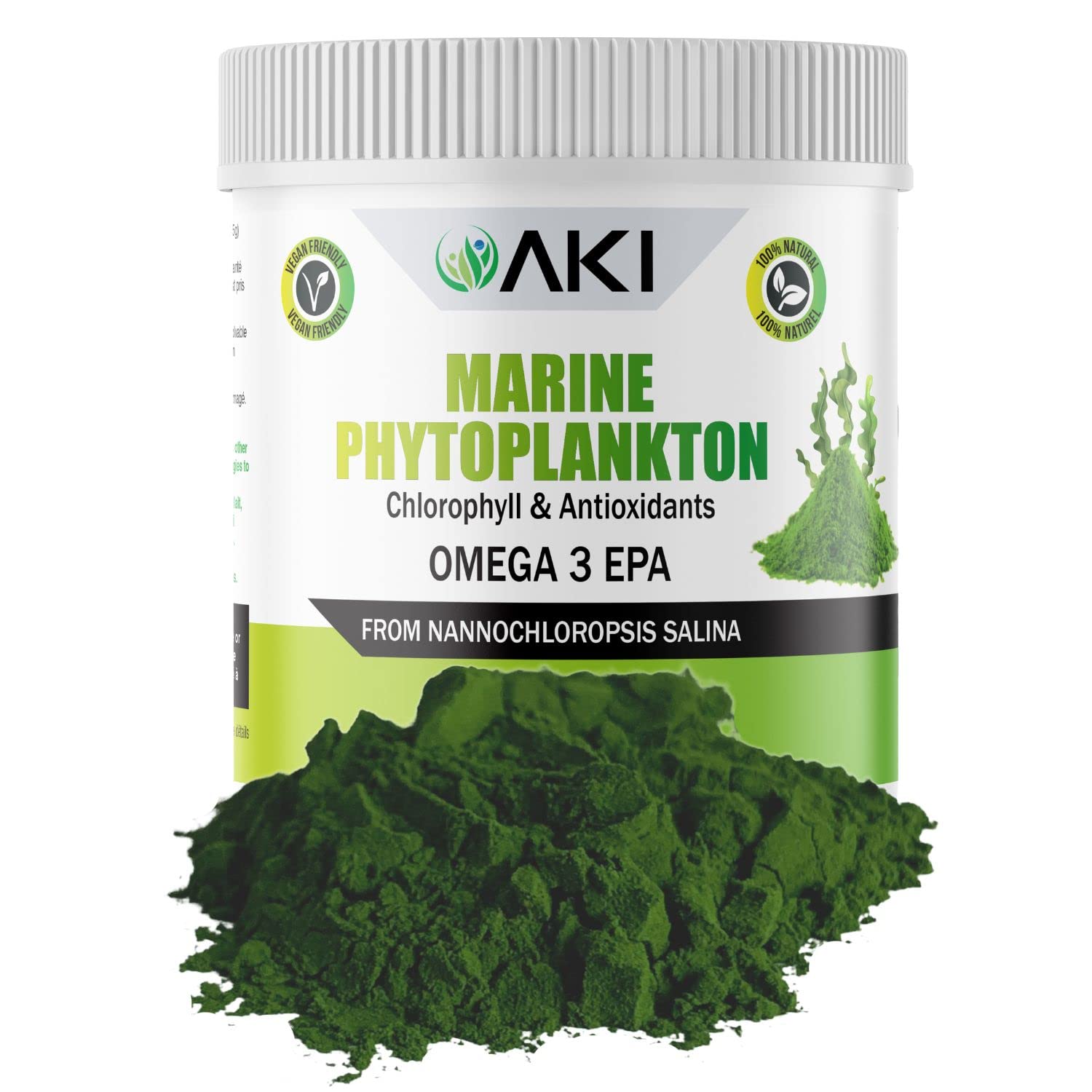 AKI ORGANIC polvo fitoplancton marino, fuente de omega-3 y proteínas vegetales para bienestar