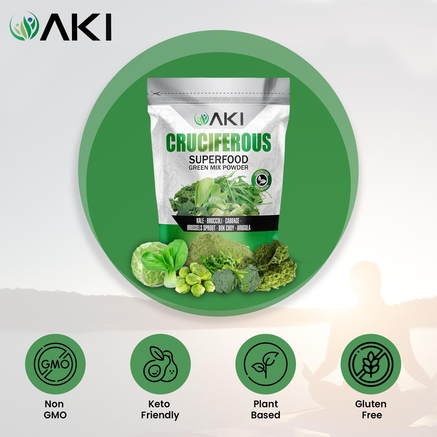 AKI ORGANIC Polvo verde con kale, brocoli y repollo para batidos nutritivos