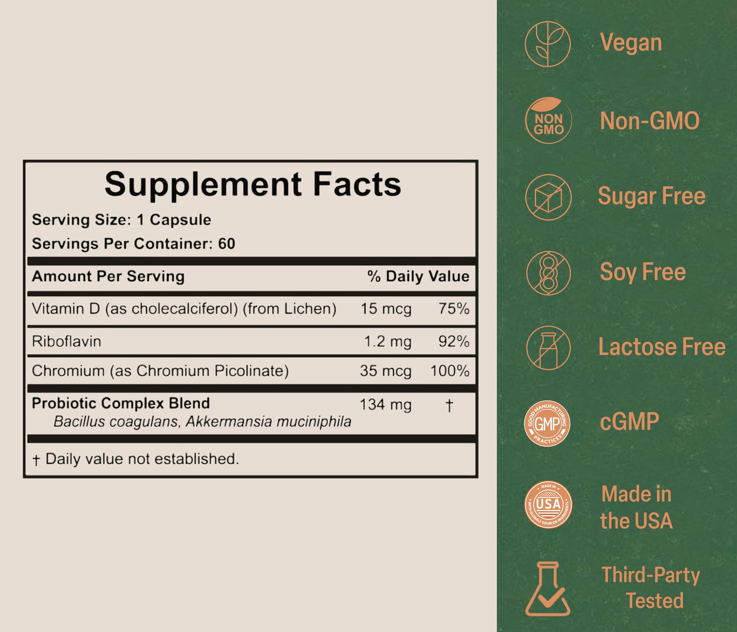 Etiqueta limpia de Akkermy Probiotic, libre de gluten y lactosa, opción vegana.