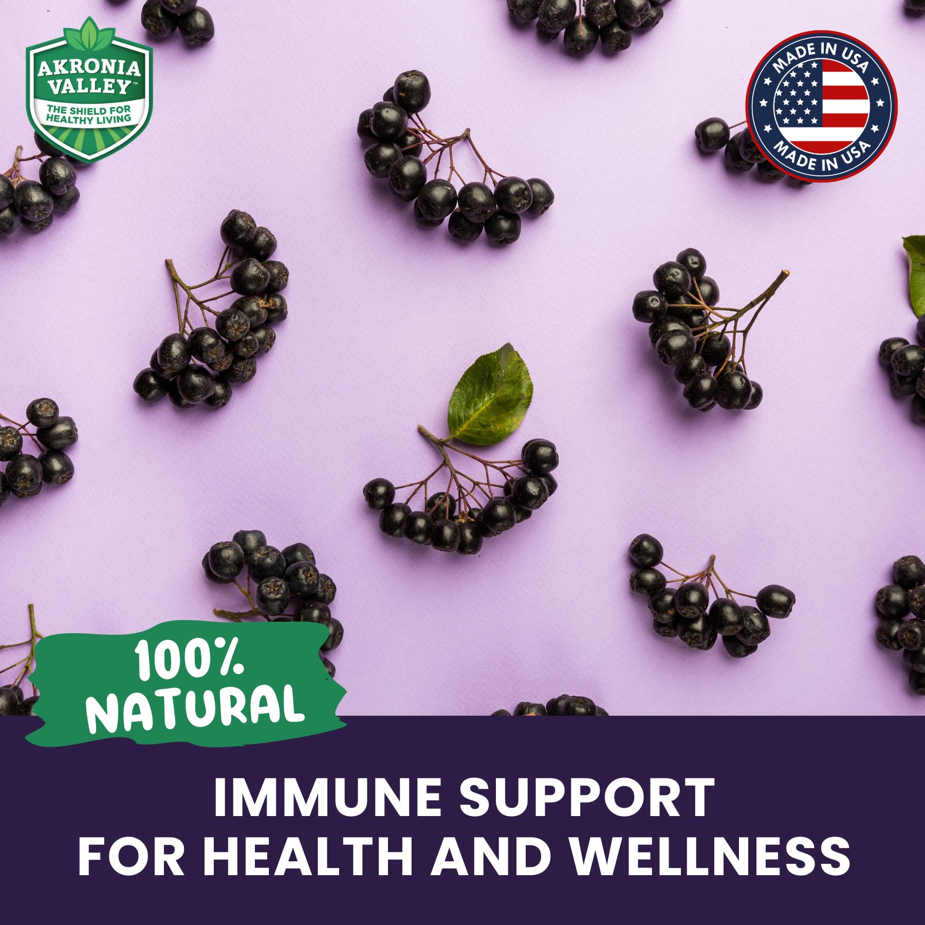 Gomitas Akronia Valley Aronia, etiqueta que indica producción en EE. UU., apoyo local.