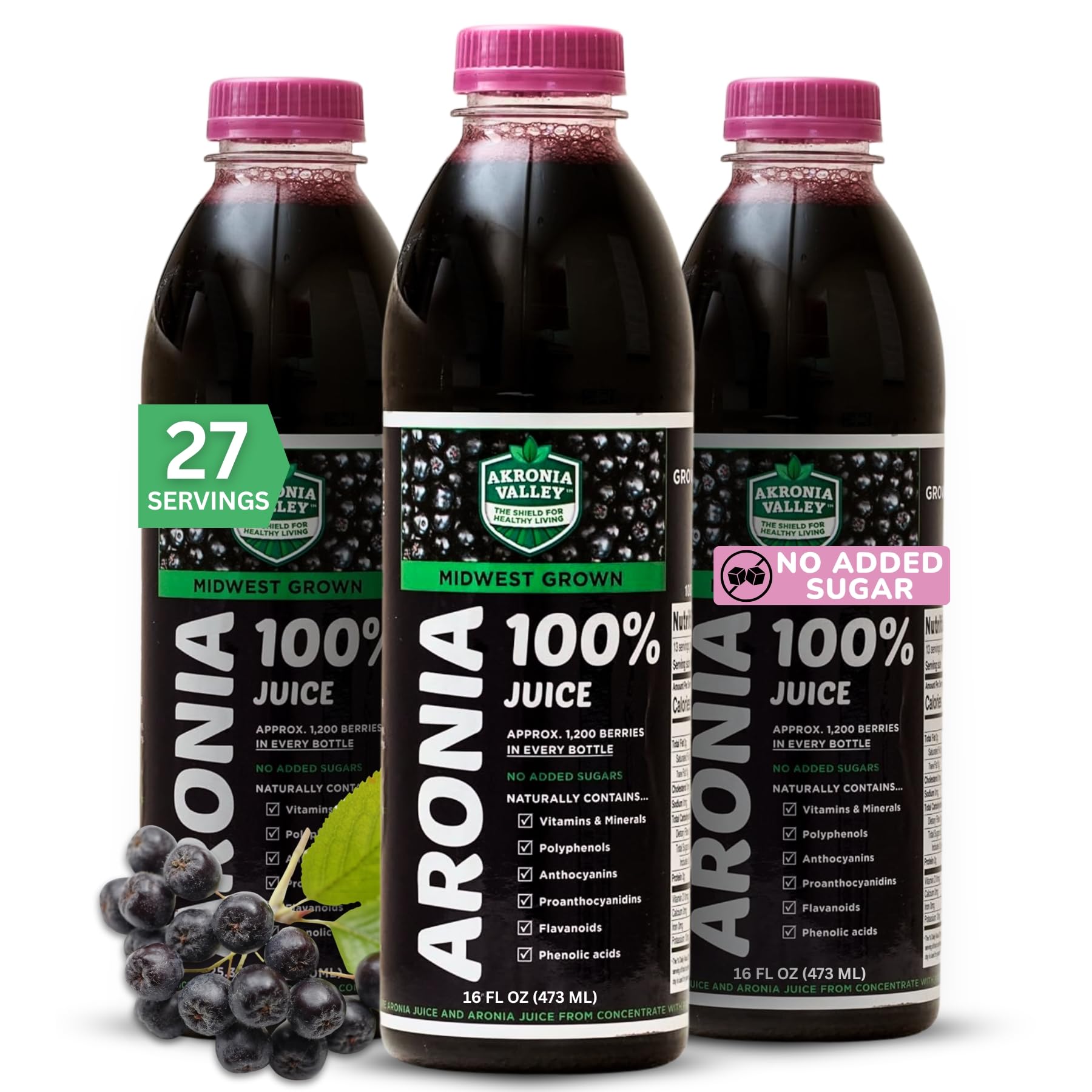 Zumo Akronia Valley Aronia 100% en botella, sabor intenso y antioxidantes potentes.