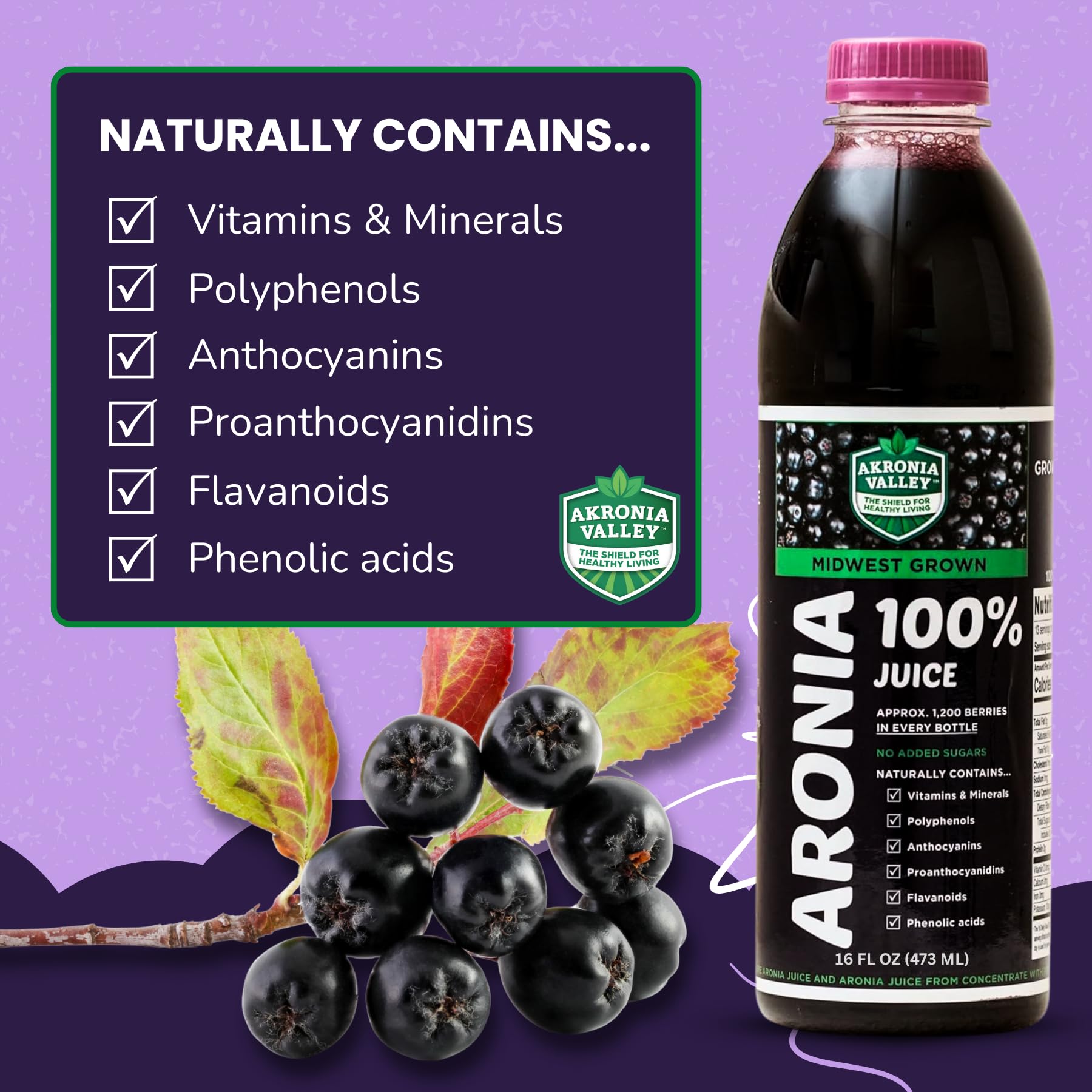 Akronia Valley jugo de aronia vertido en vaso para disfrutar en cualquier momento.