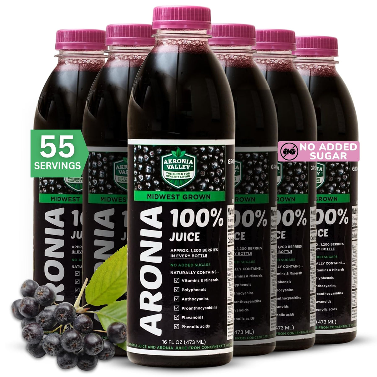 Zumo Akronia Valley Aronia: botella de 16 onzas para batidos saludables.