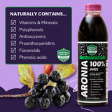 Zumo Akronia Valley Aronia: etiqueta clara sin azúcares añadidos para consumo diario.