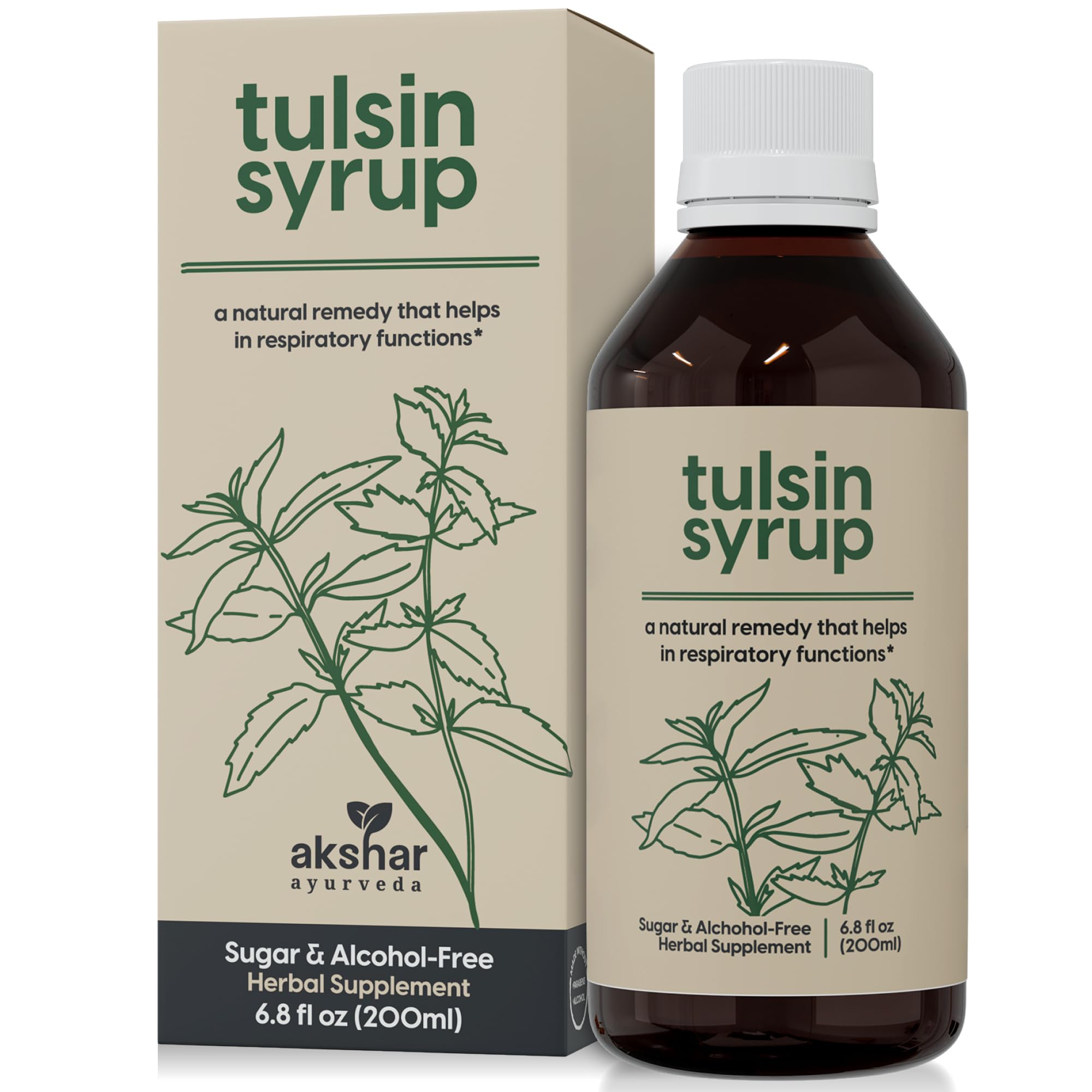 AKSHAR Tulsin Jarabe: botella frontal para apoyo respiratorio natural.