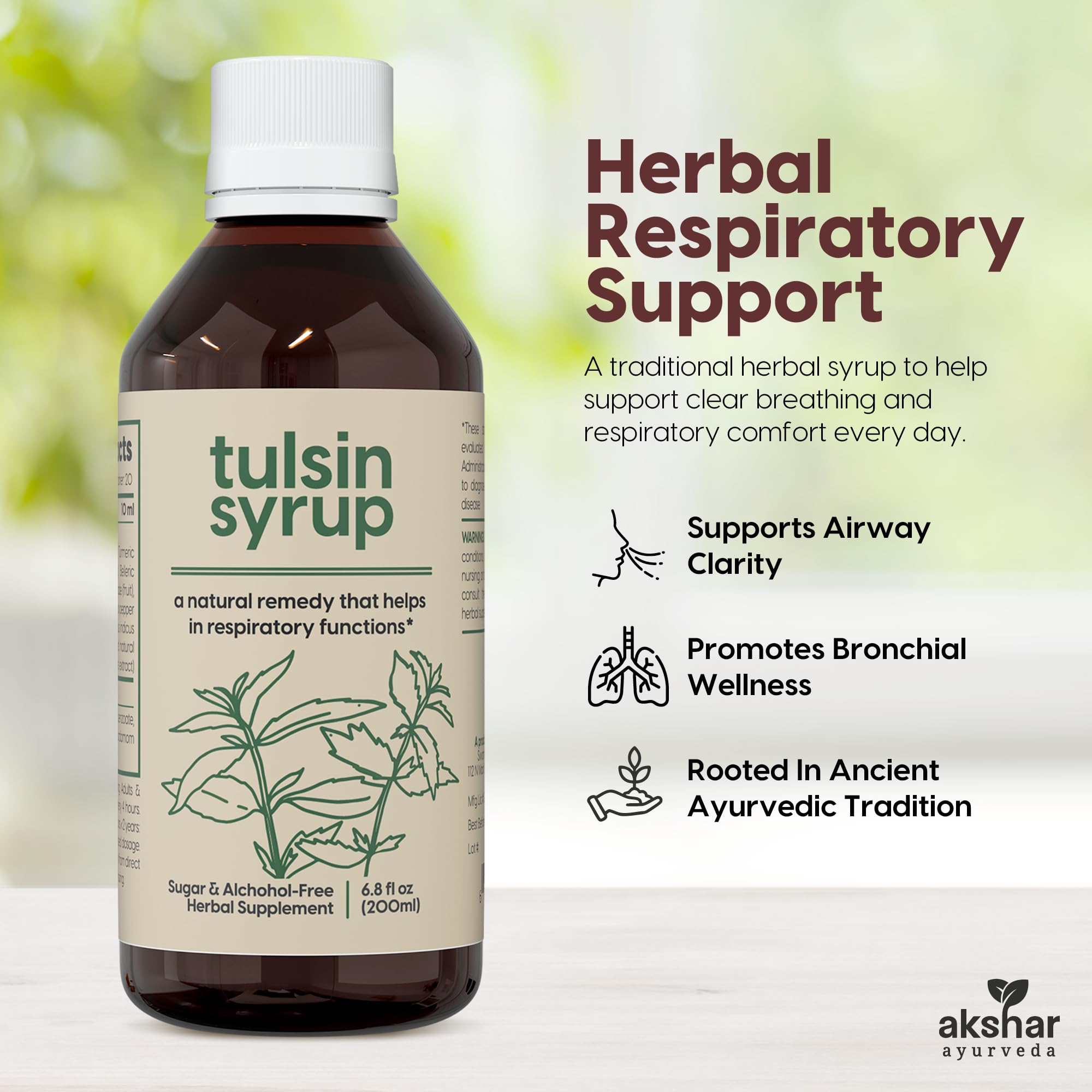 AKSHAR Tulsin Jarabe: envase detallado destacando ingredientes herbales.