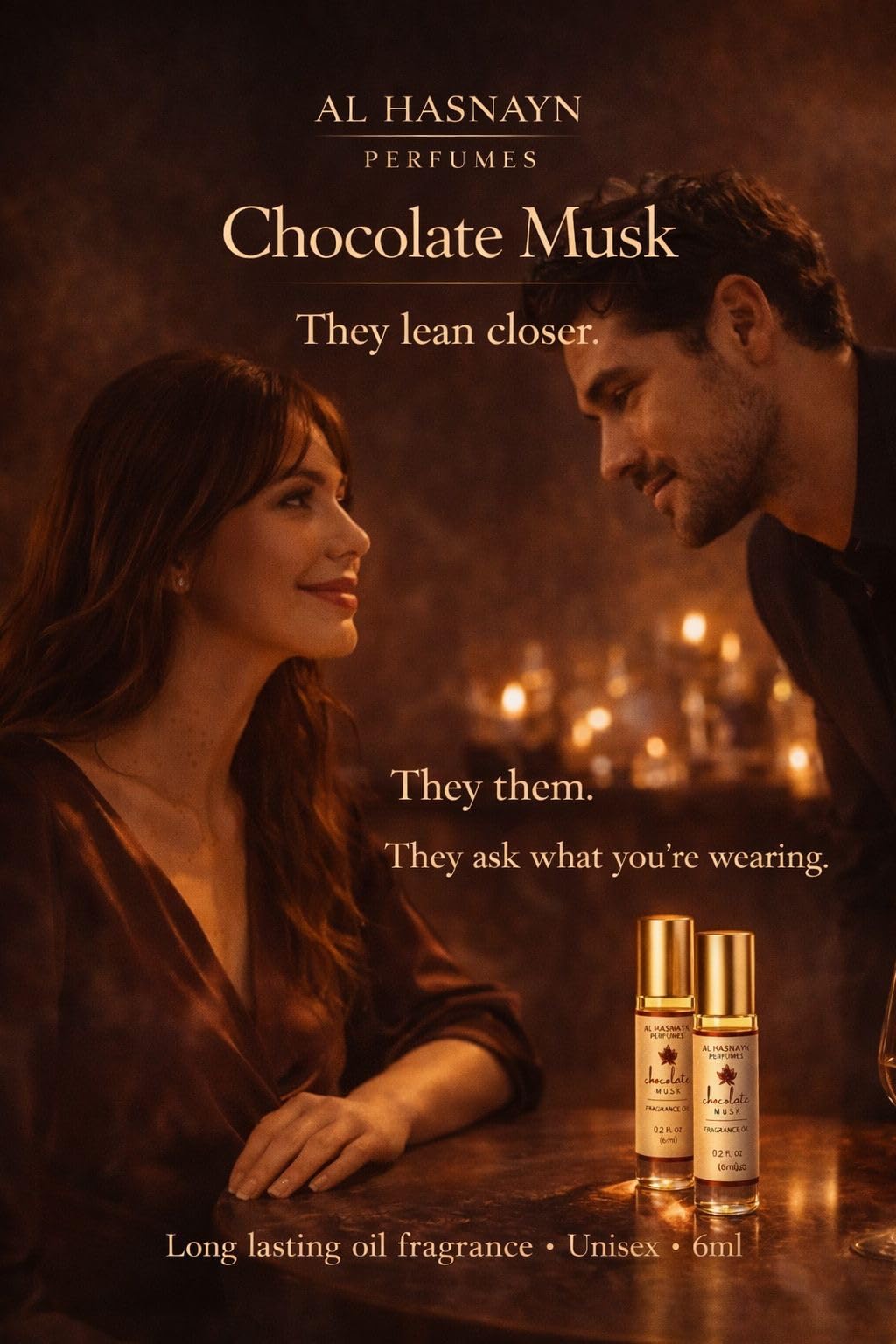 AL-HASNAYN Chocolate Almizcle Perfume Rodillo, aplicación suave en cuello y muñecas.