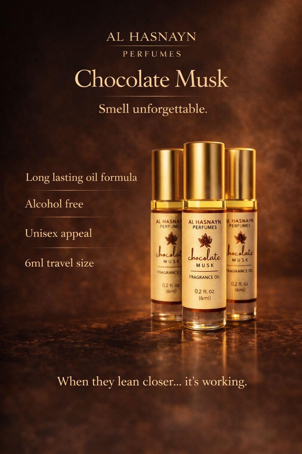 AL-HASNAYN Chocolate Almizcle, aroma cálido para ocasiones románticas.