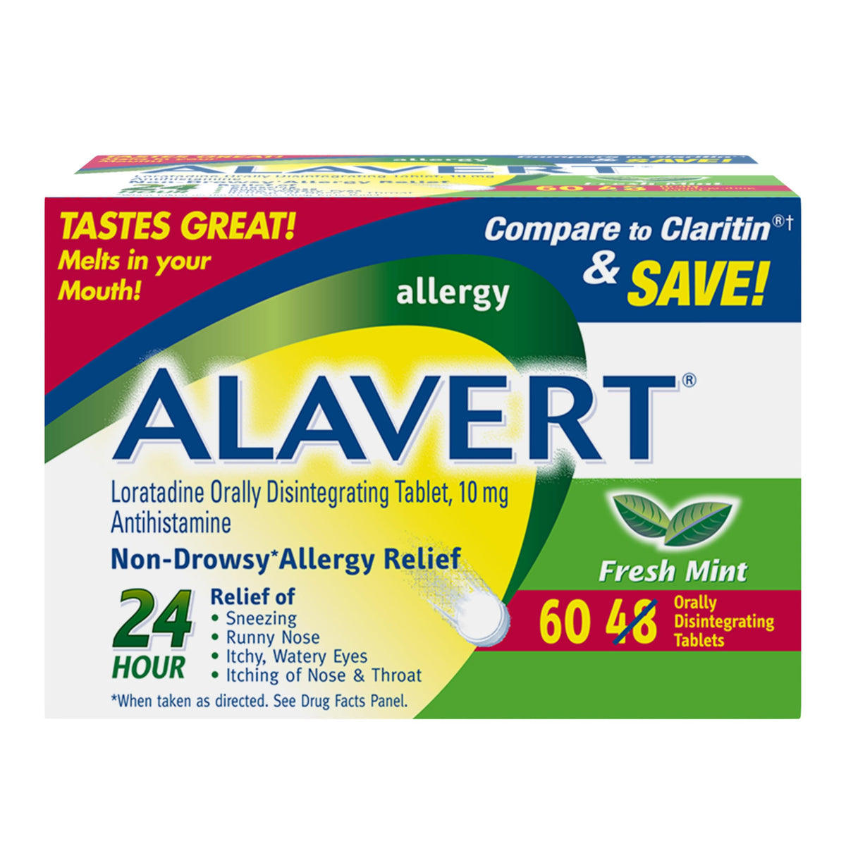 Alavert tabletas masticables para alergias, 24 horas, sabor menta fresca.