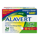 Alavert tabletas masticables para alergias, 24 horas, sabor menta fresca.