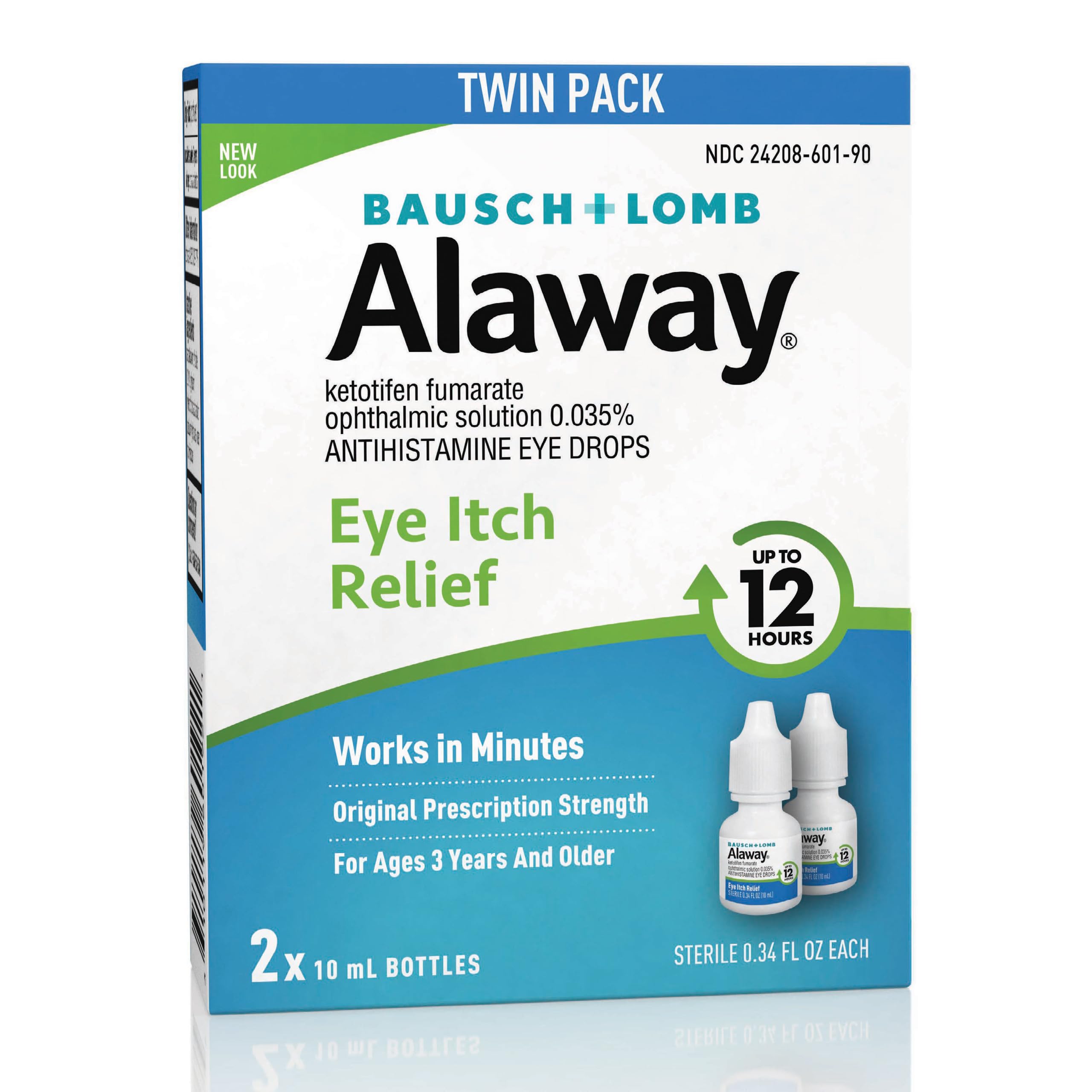 Alaway antihistaminico, gotas para ojos, botella en primer plano para alivio temporal del picor.