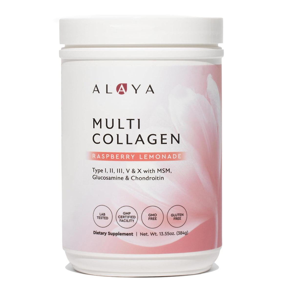 Alaya Naturals polvo de colágeno en bote para uso diario.