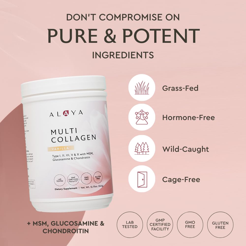 Alaya Naturals Multi Colágeno vainilla, medidor: añade dosis precisa para tus batidos diarios.