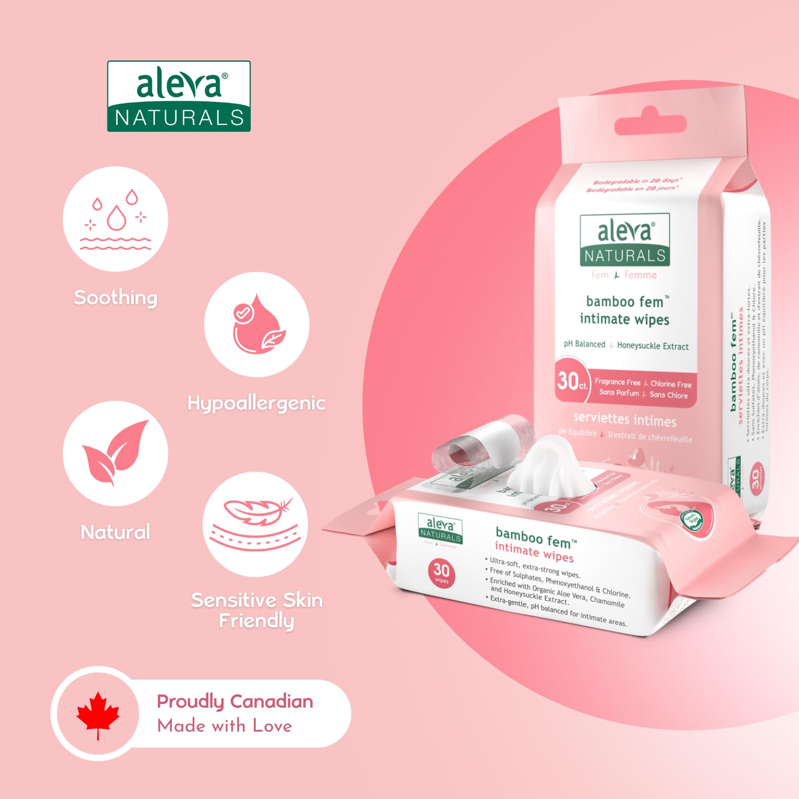 Toallitas de bambú Aleva Naturals, con aloe vera y manzanilla para higiene suave